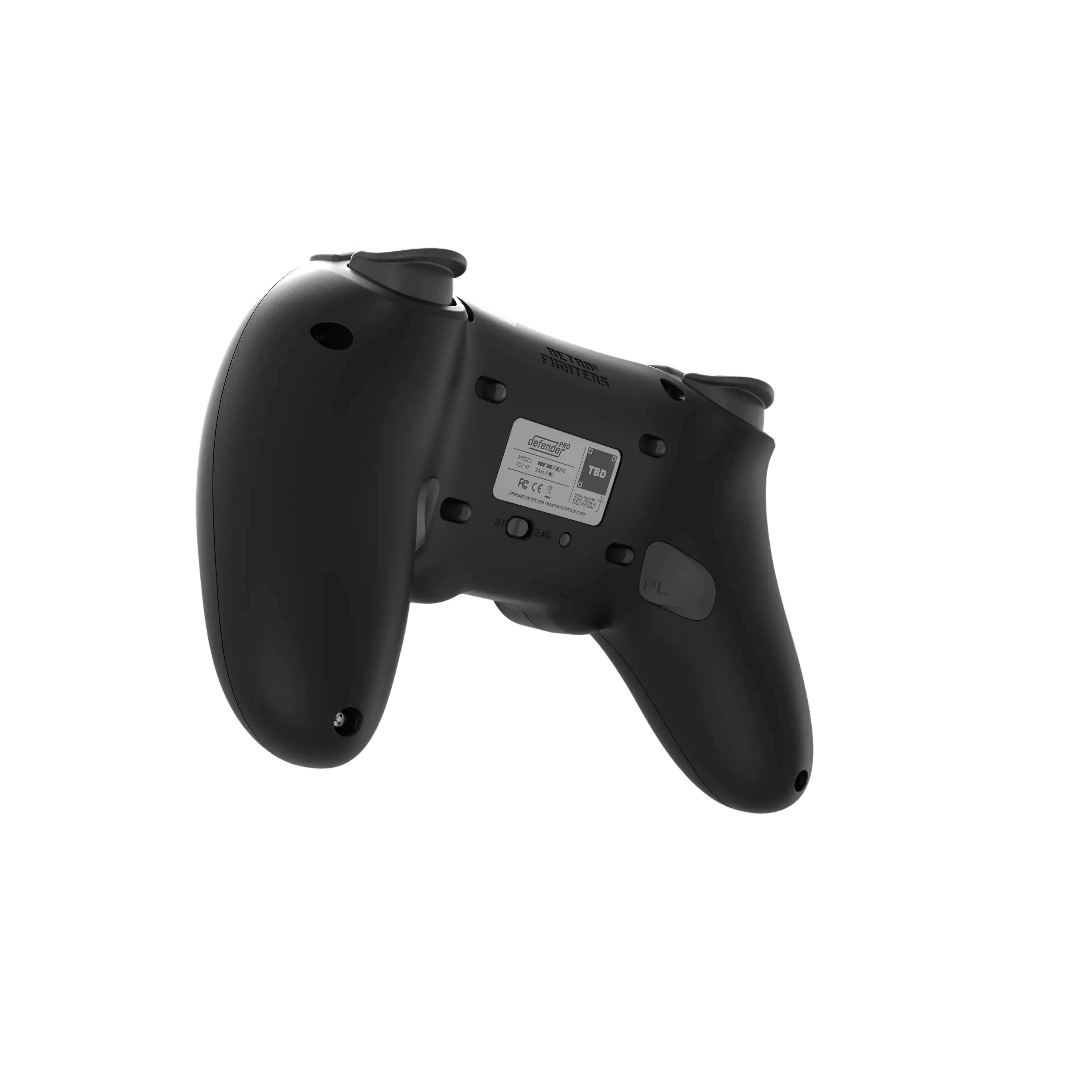 Widok z tyłu czarnego kontrolera Retro Fighters Defender Pro na białym tle.