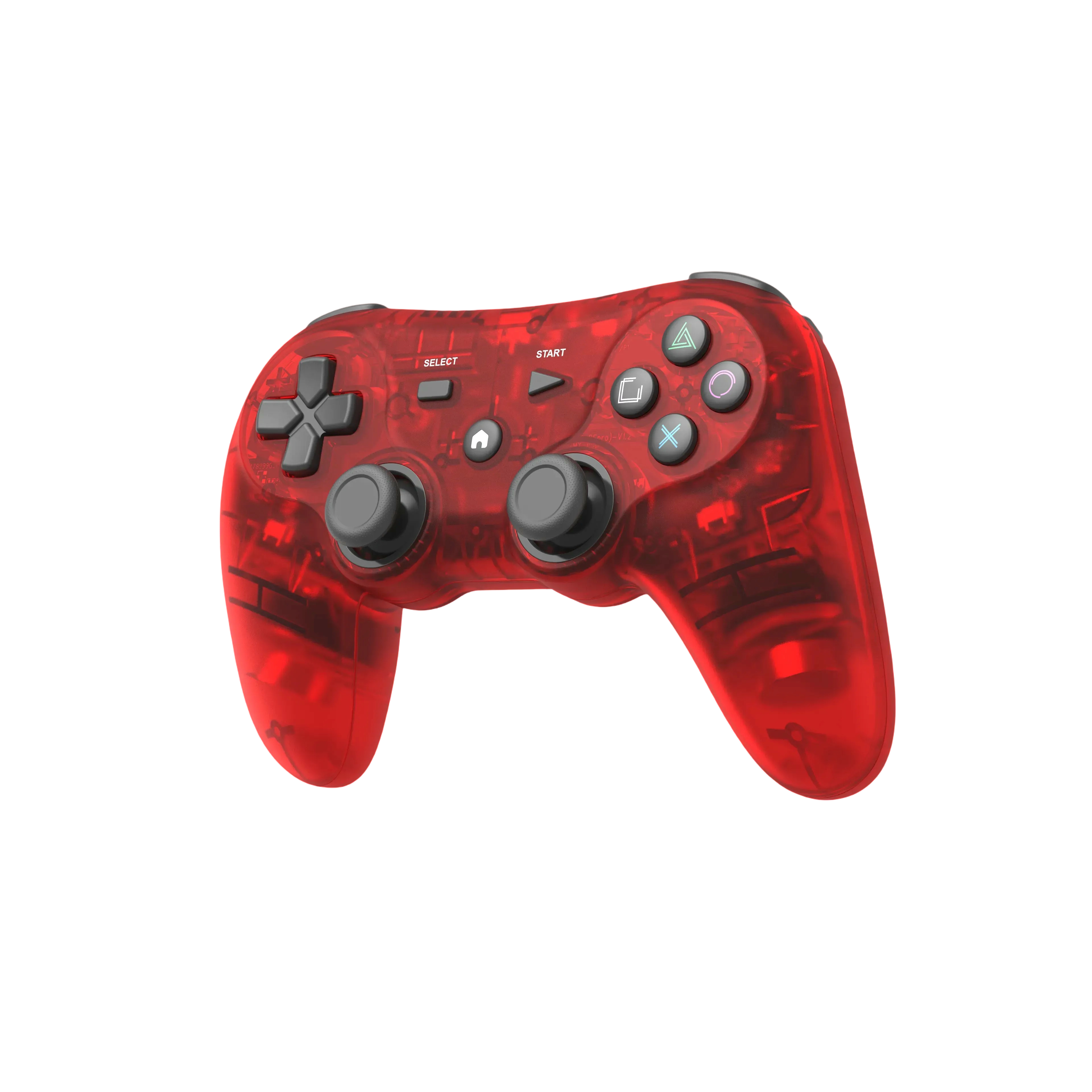 Przezroczysty czerwony kontroler do gier z czarnymi przyciskami i joystickami na białym tle.