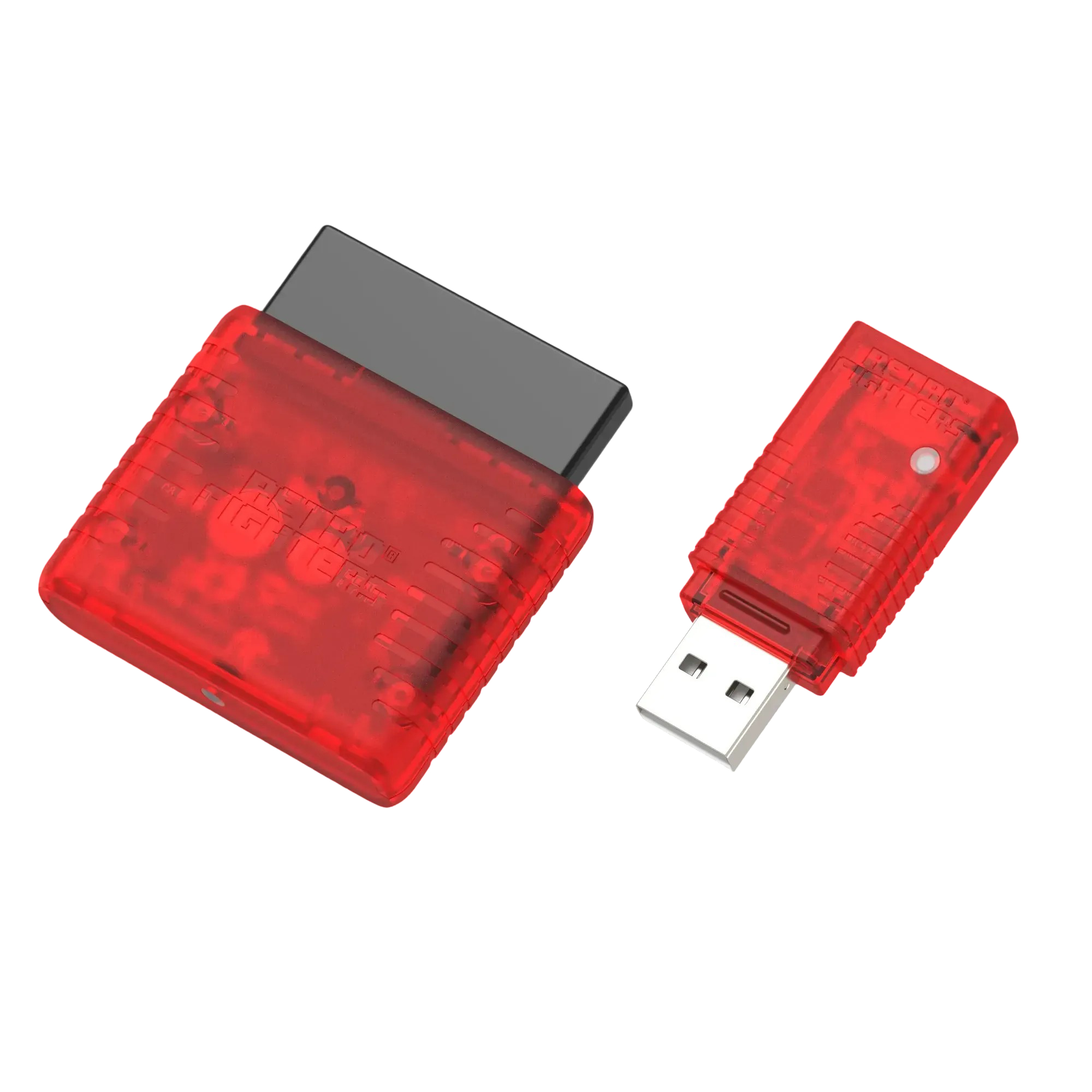 Dwa czerwone przezroczyste urządzenia elektroniczne na białym tle.