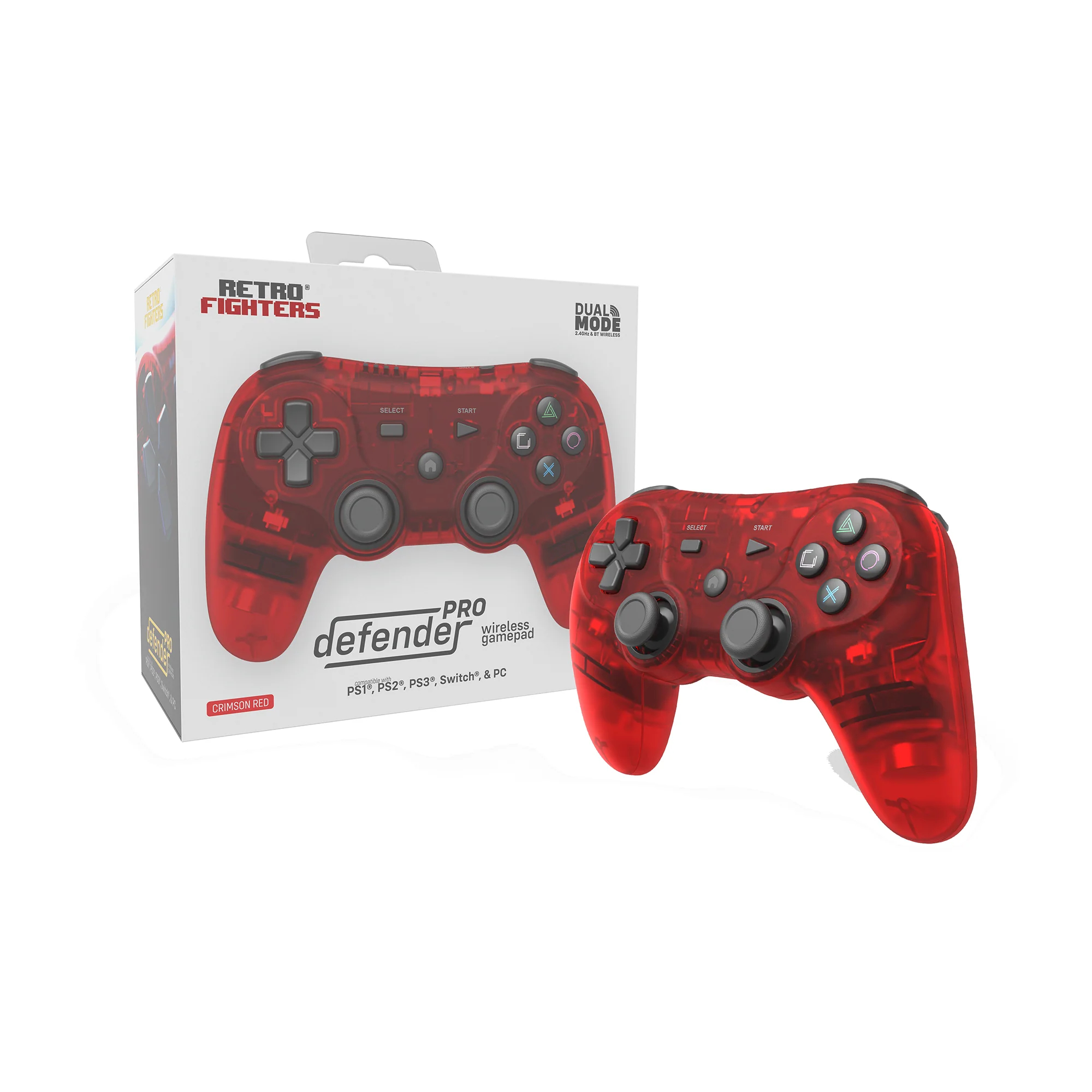 Czerwony, przezroczysty bezprzewodowy kontroler Retro Fighters Defender Pro z opakowaniem na białym tle.