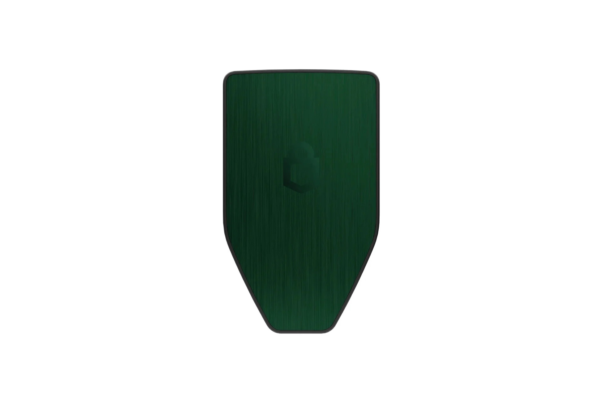 Un portachiavi metallico verde scuro a forma di scudo con logo centrale su sfondo bianco.