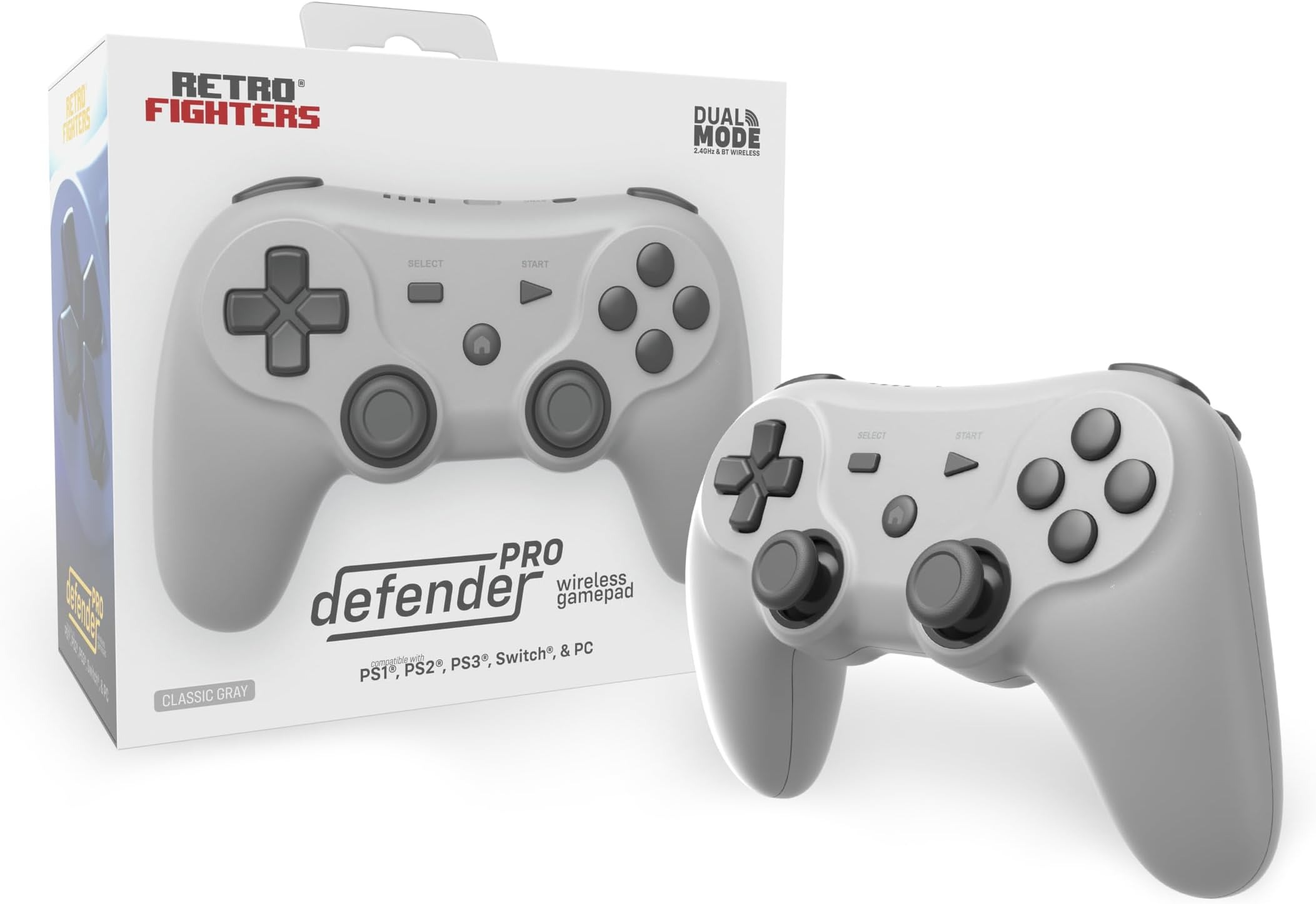 Szary bezprzewodowy gamepad Retro Fighters Defender Pro przed swoim pudełkiem.