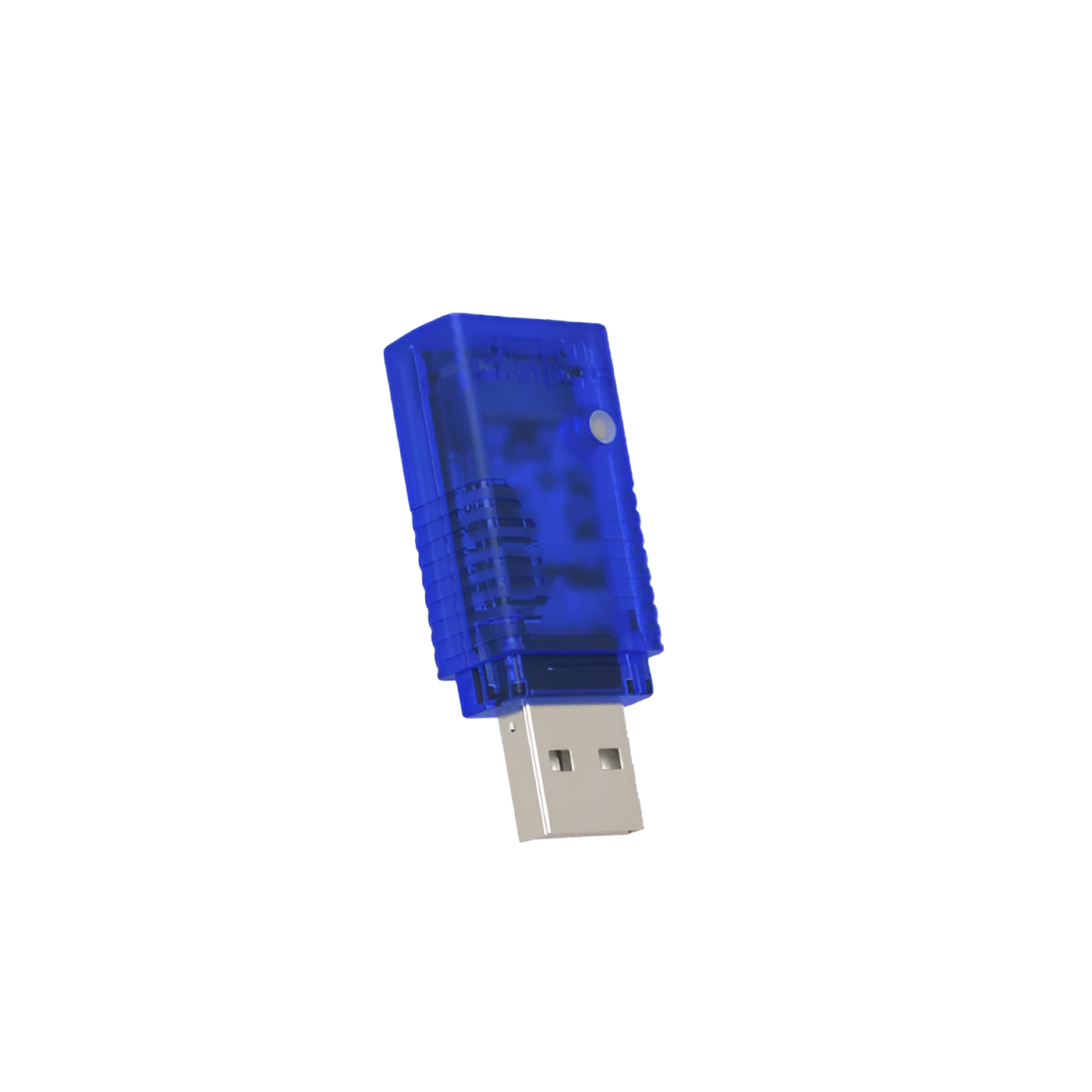 Niebieska pamięć USB z przezroczystą obudową na białym tle.