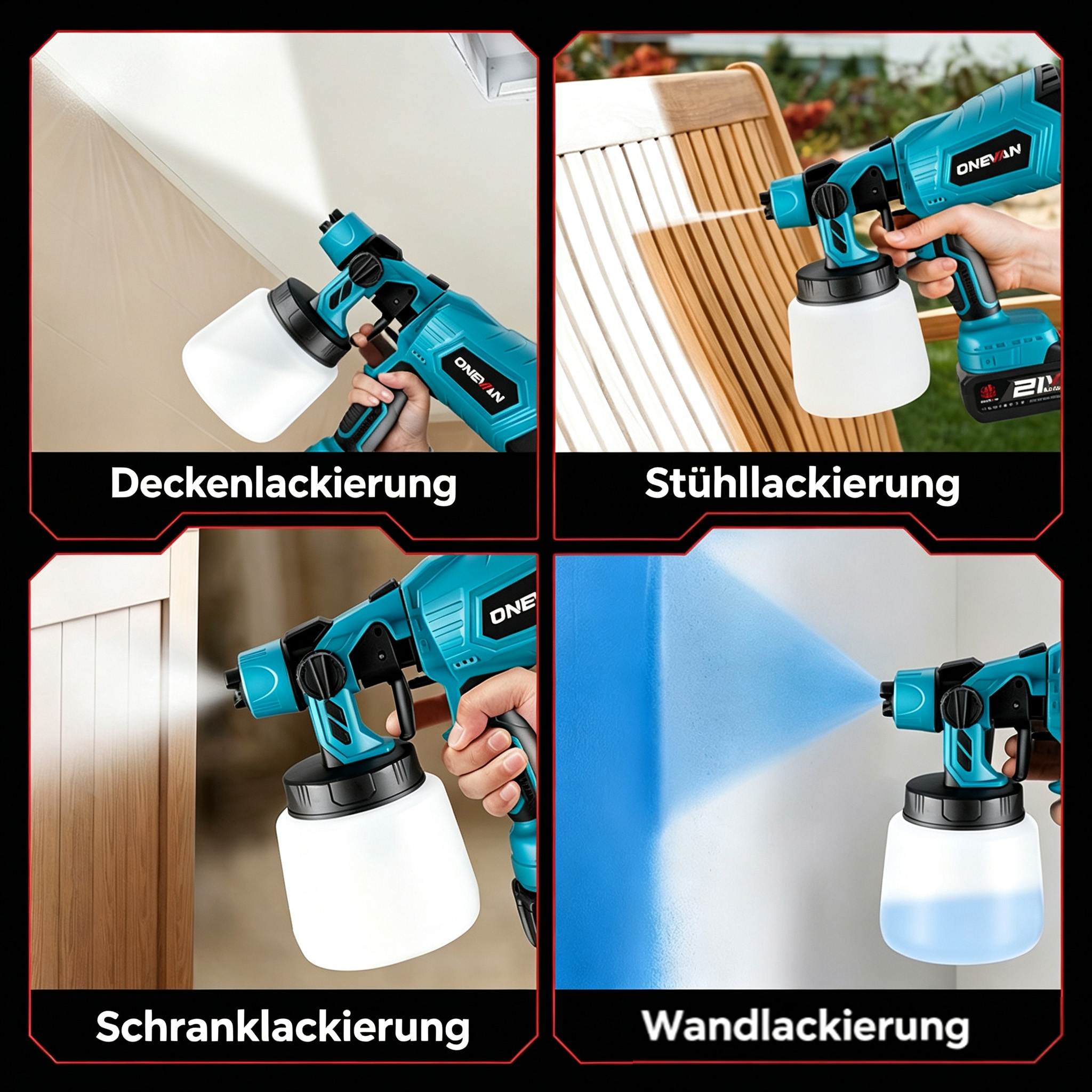Cuatro paneles muestran una pistola de pintura azul en uso en un techo, silla, armario y pared.