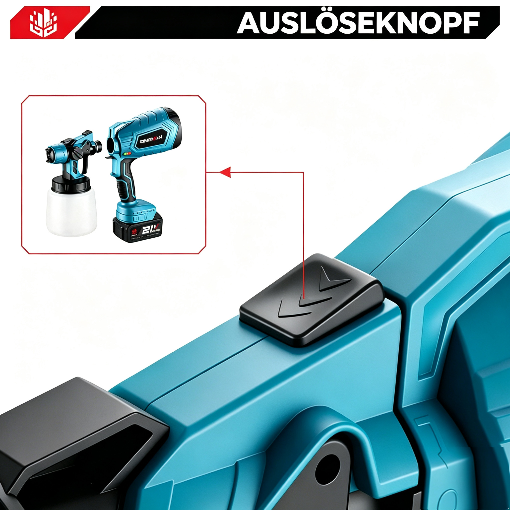 Primer plano del botón disparador de una pistola de pintura azul con inserción.