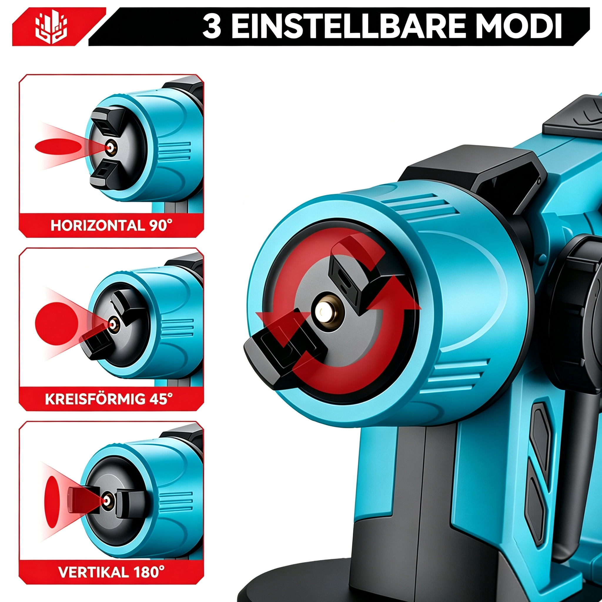 Pistola de pintura azul con tres modos de pulverización ajustables: horizontal, circular y vertical.