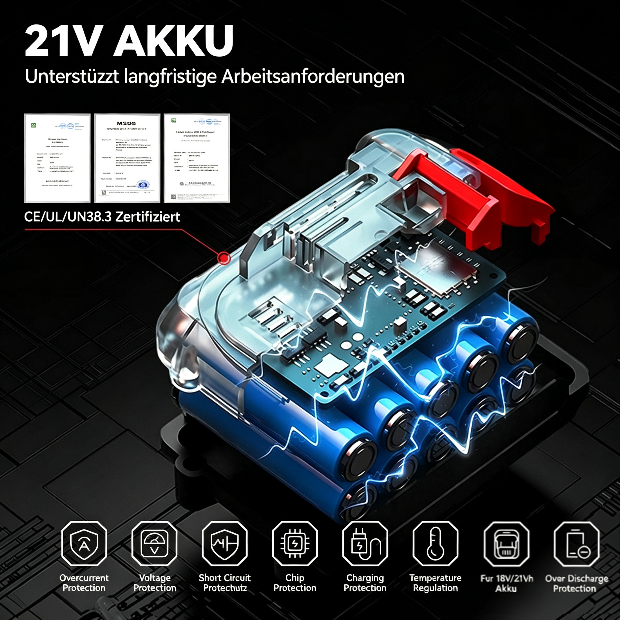 Sección transversal de una batería de 21V con certificados e iconos de protección integrada.