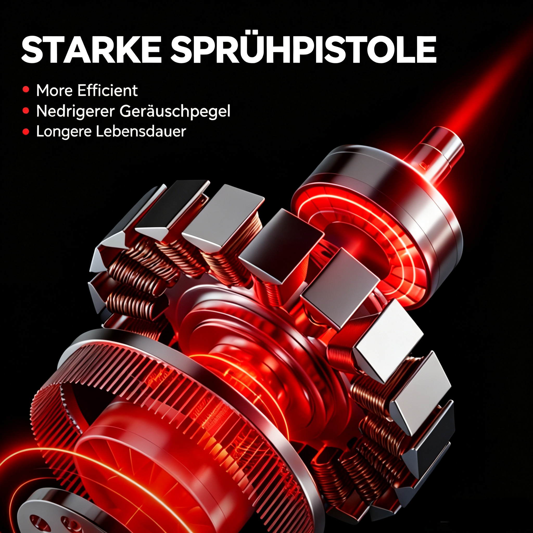 Un motor eléctrico rojo brillante sobre fondo negro con texto promocional para pistola pulverizadora.