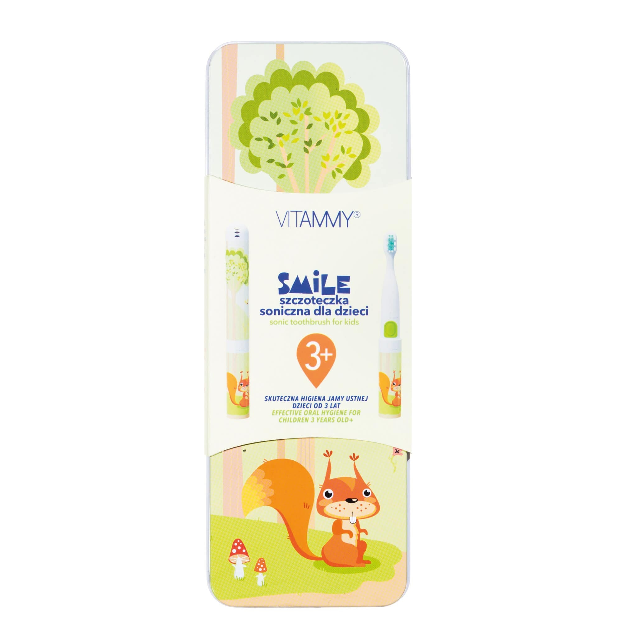 Szczoteczka soniczna Vitammy dla dzieci 3+, z motywem wiewiórki na puszce.