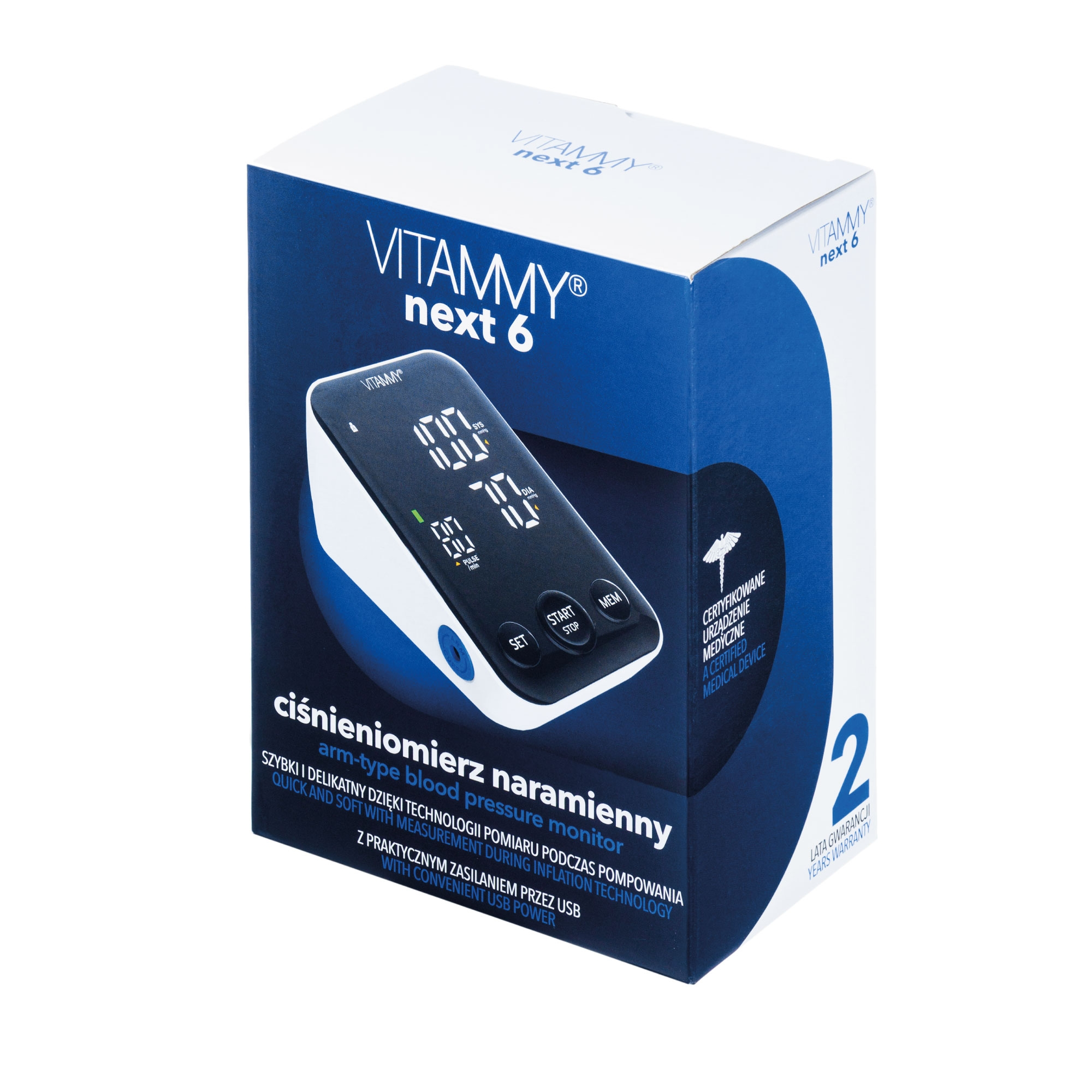Niebieskie pudełko ciśnieniomierza naramiennego Vitammy Next 6.