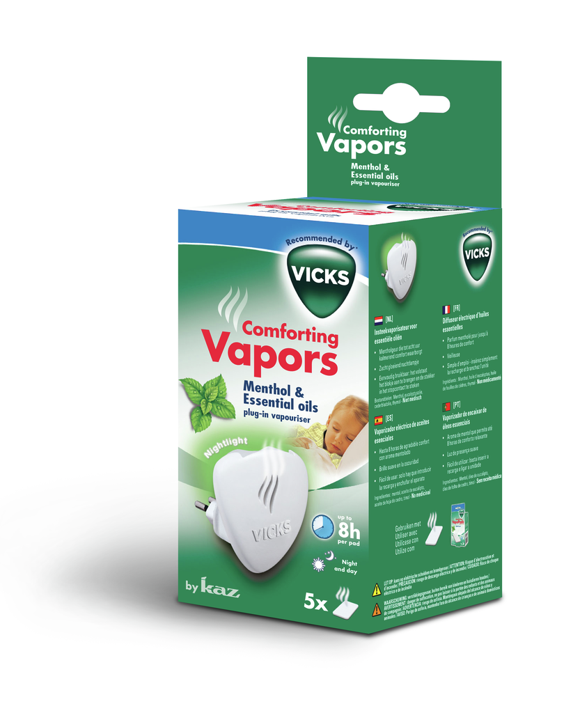 Opakowanie elektrycznego parownika Vicks Comforting Vapors z mentolem, olejkami i lampką nocną.