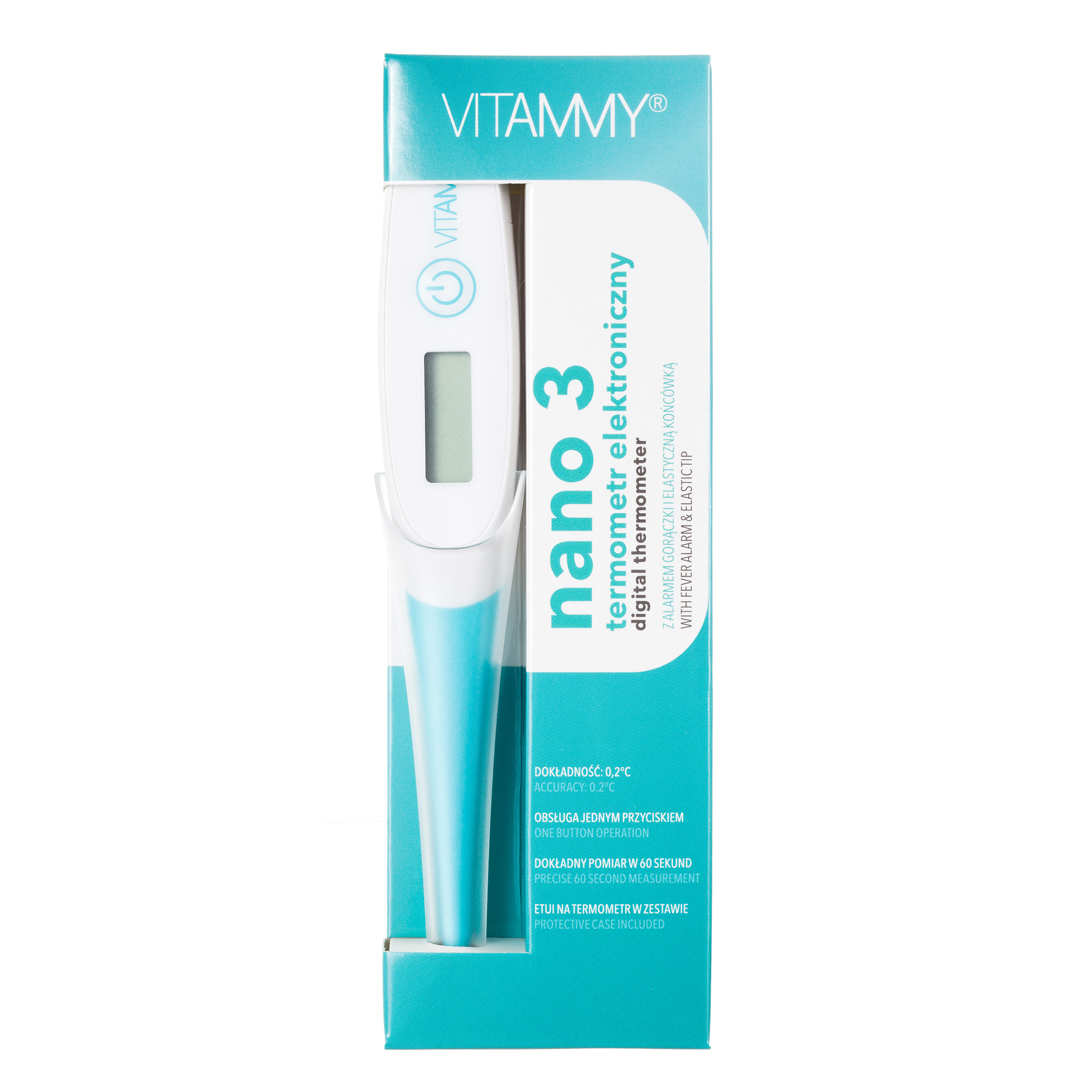 Turkusowo-białe opakowanie z cyfrowym termometrem Vitammy Nano 3 i szczegółami produktu.