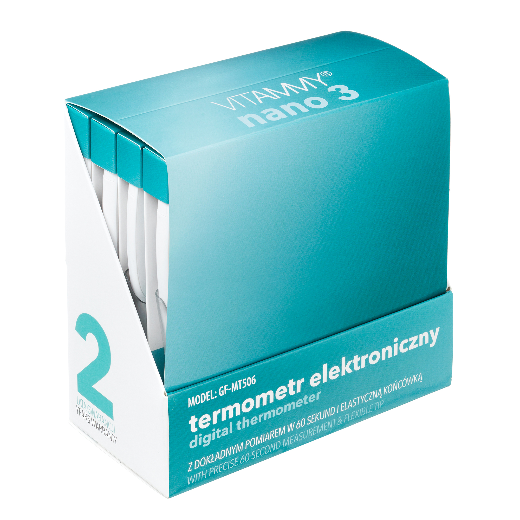 Niebiesko-białe pudełko termometrów cyfrowych Vitammy Nano 3 na białym tle.