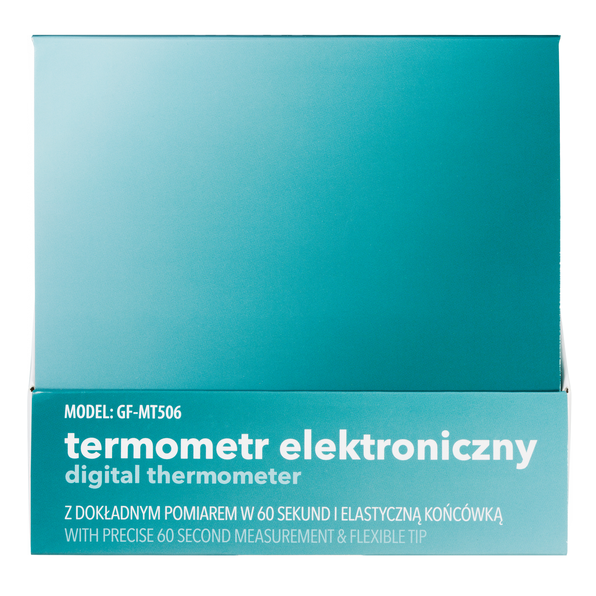 Turkusowe opakowanie termometru elektronicznego z białym tekstem.