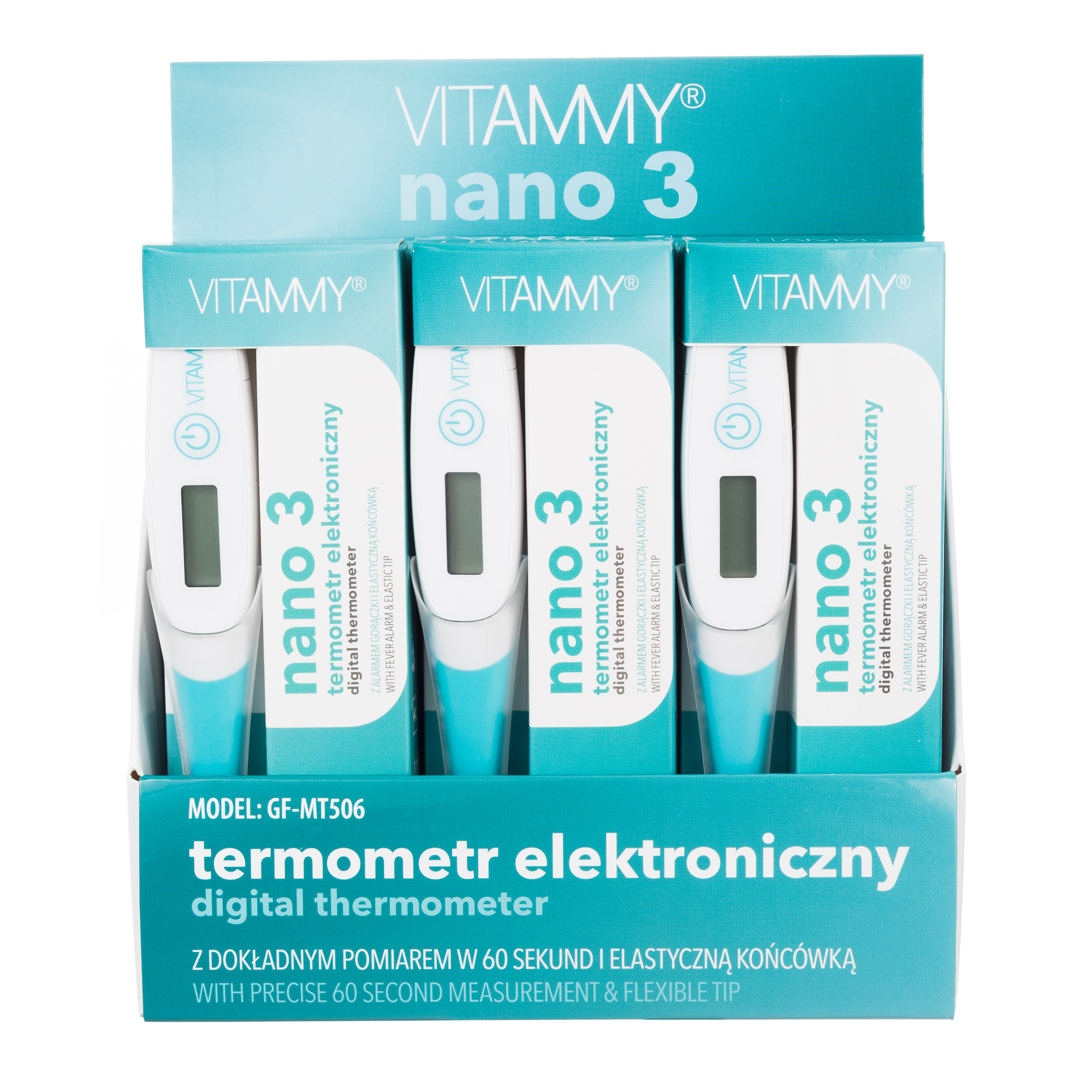 Pudełko ekspozycyjne z trzema termometrami elektronicznymi Vitammy Nano 3 w biało-turkusowym opakowaniu.