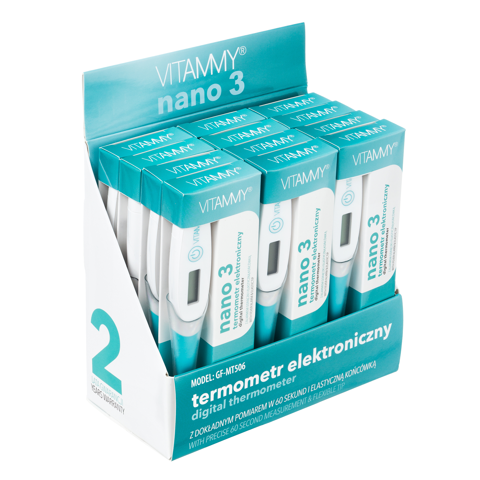 Kartonowy display wypełniony wieloma termometrami elektronicznymi Vitammy Nano 3 w biało-turkusowych opakowaniach.