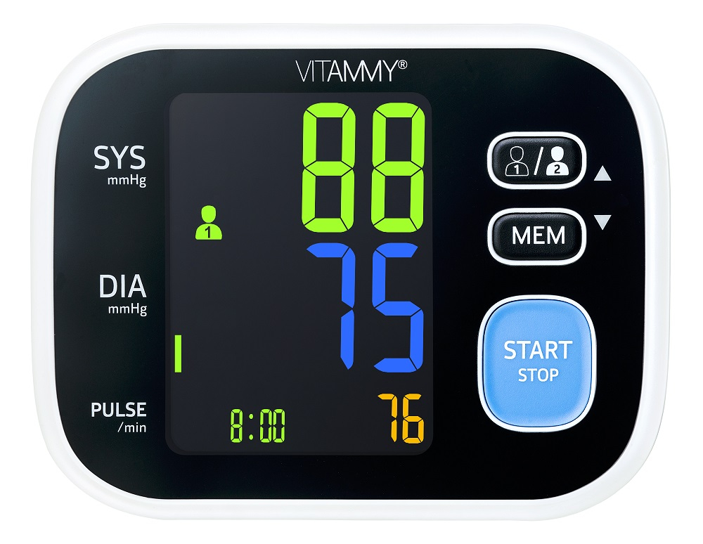 Ciśnieniemierz Vitammy z cyfrowym wyświetlaczem pokazującym SYS 88, DIA 75 i puls 76.