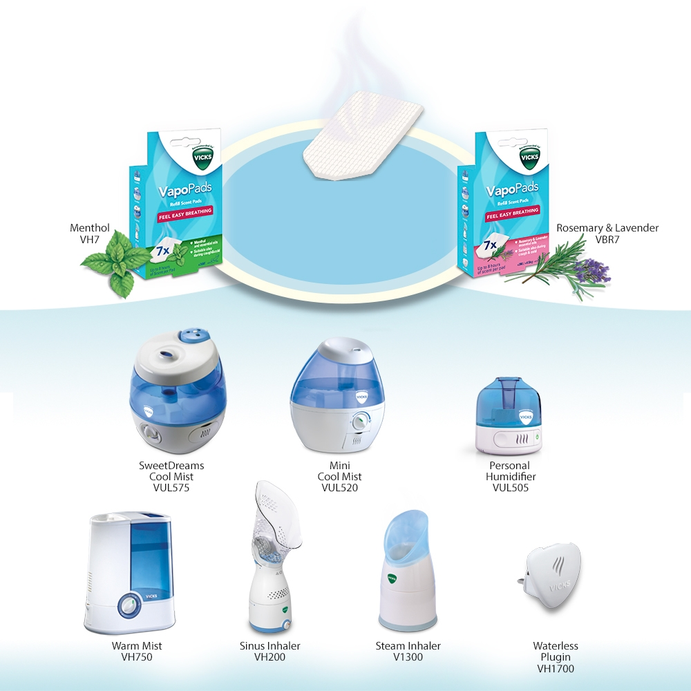Vicks VapoPads yedekleri ve çeşitli Vicks nemlendiricileri, inhalatörleri ve fişli cihazları.