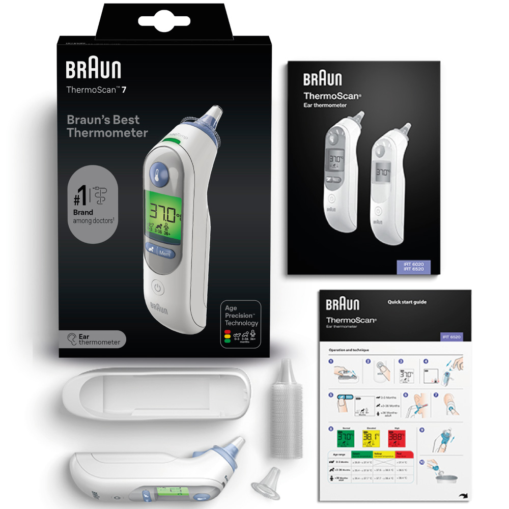 Termometr ucha Braun ThermoScan 7 z opakowaniem, instrukcją, podstawką i filtrami.