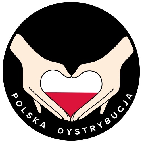 Okrągłe logo na czarnym tle z dłońmi tworzącymi serce w barwach flagi Polski.