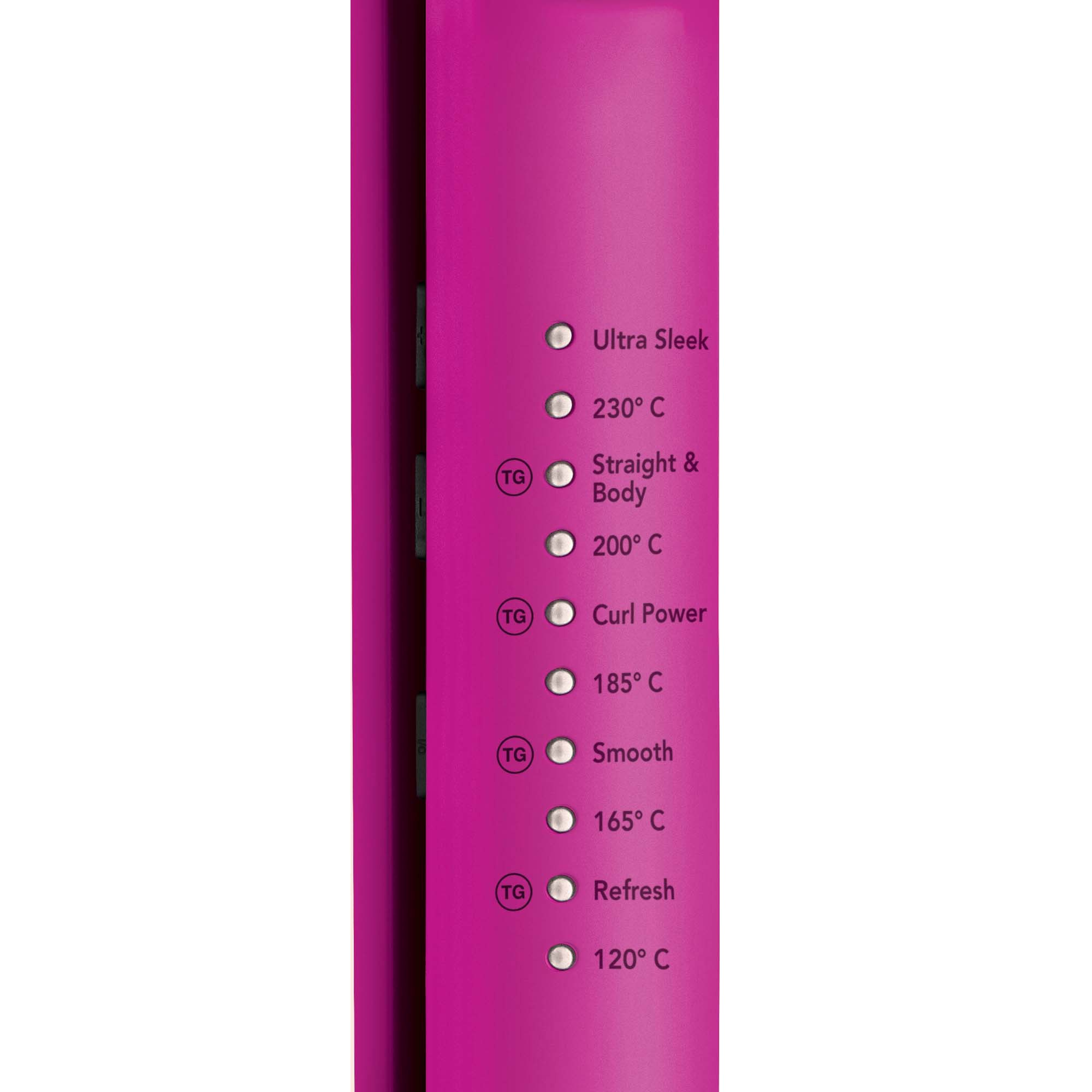 Zbliżenie różowej prostownicy do włosów pokazujące ustawienia temperatury i tryby, takie jak Ultra Sleek, Curl Power i Smooth.