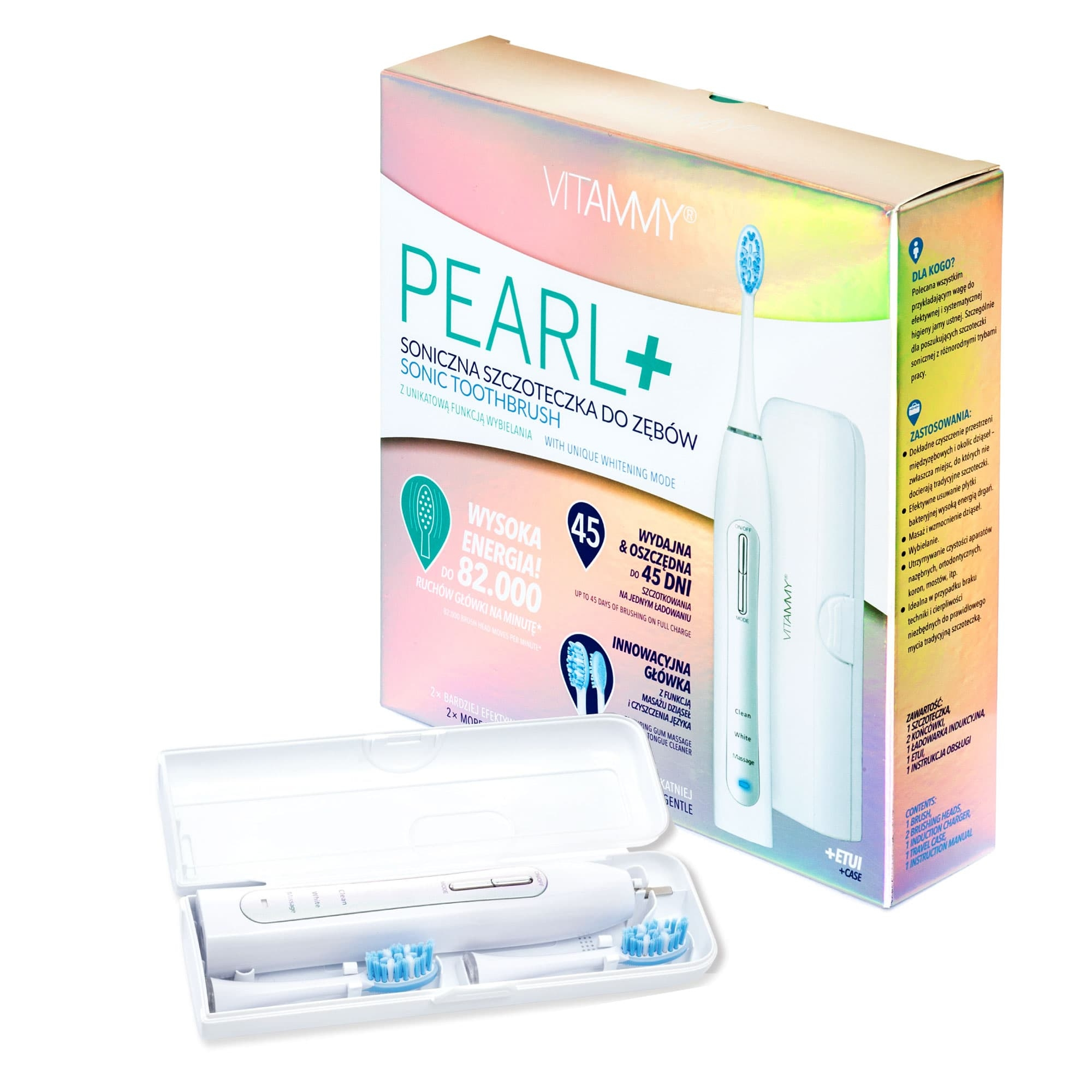 Opakowanie szczoteczki sonicznej Vitammy Pearl+ z etui i szczoteczką z przodu.