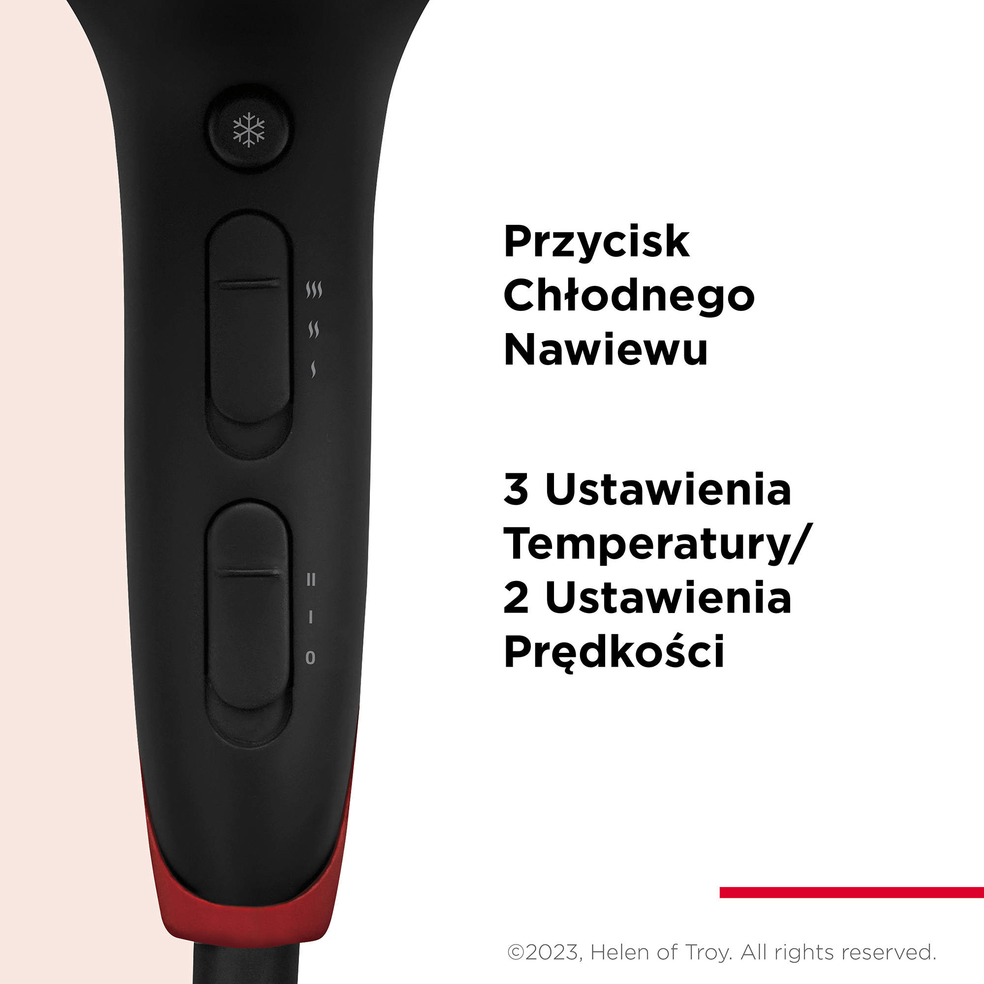 Zbliżenie czarnego uchwytu suszarki z przyciskami sterującymi i polskim tekstem opisującym ustawienia temperatury.