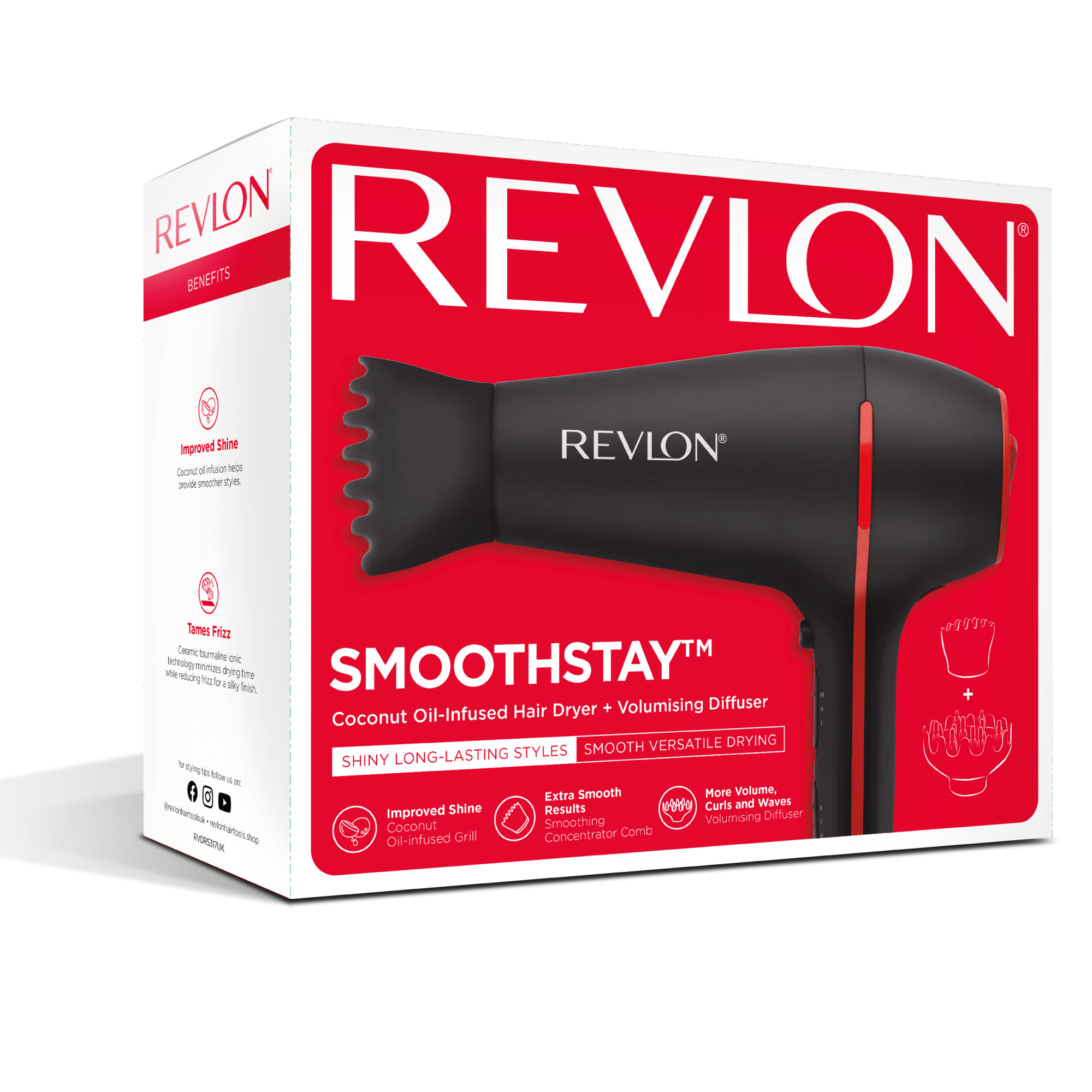 Suszarka do włosów Revlon Smoothstay w czerwono-białym pudełku.
