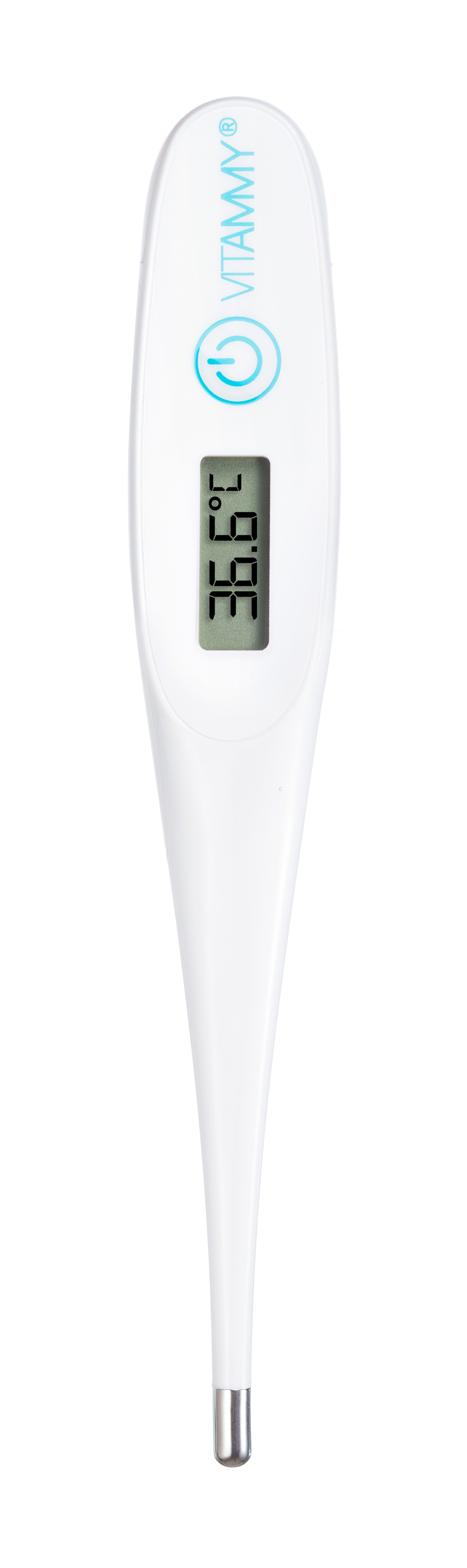 Biały termometr cyfrowy Vitammy wskazuje na ekranie 36,6 °C.