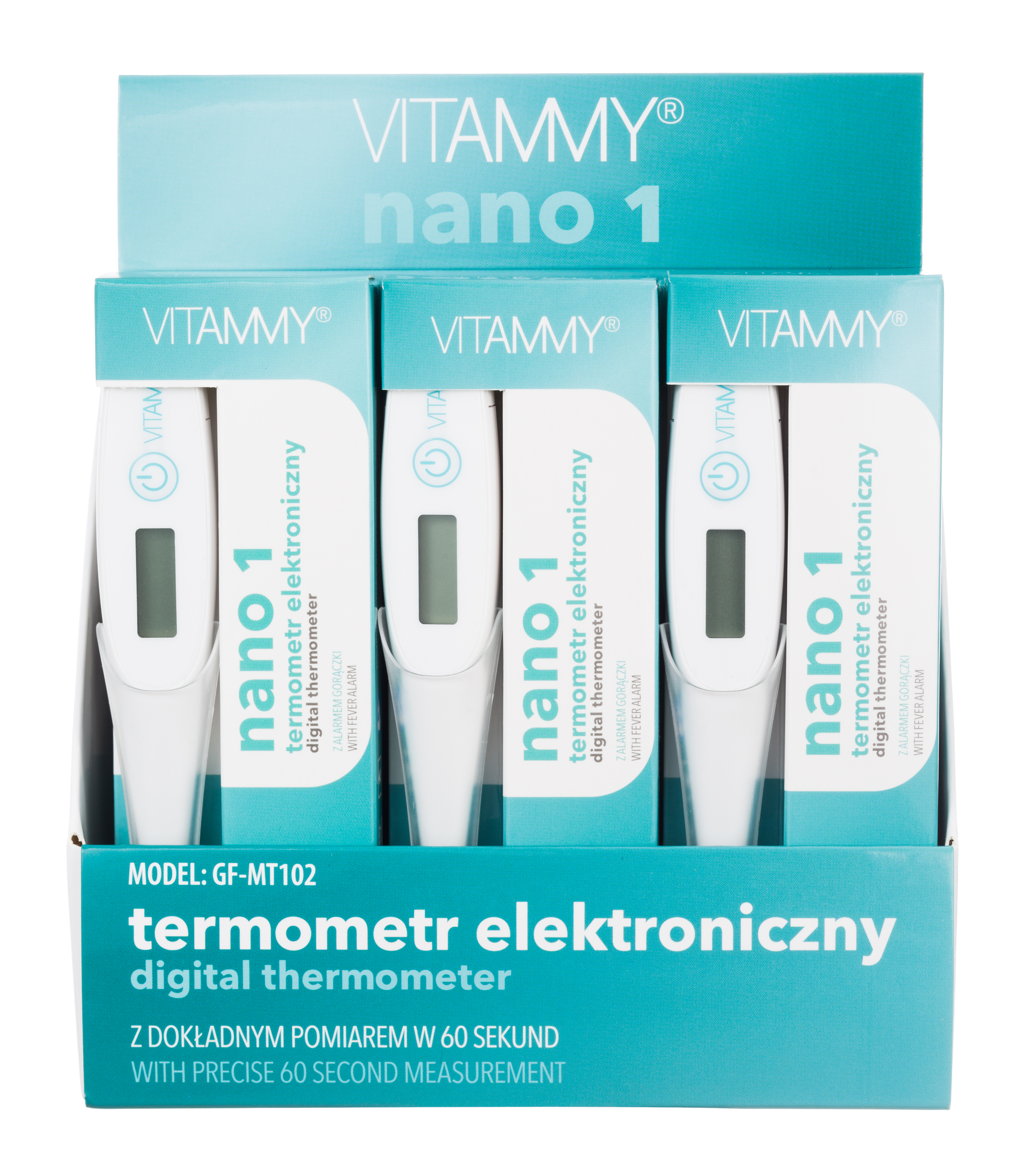Pudełko ekspozycyjne z trzema termometrami cyfrowymi Vitammy Nano 1 w biało-turkusowym opakowaniu.