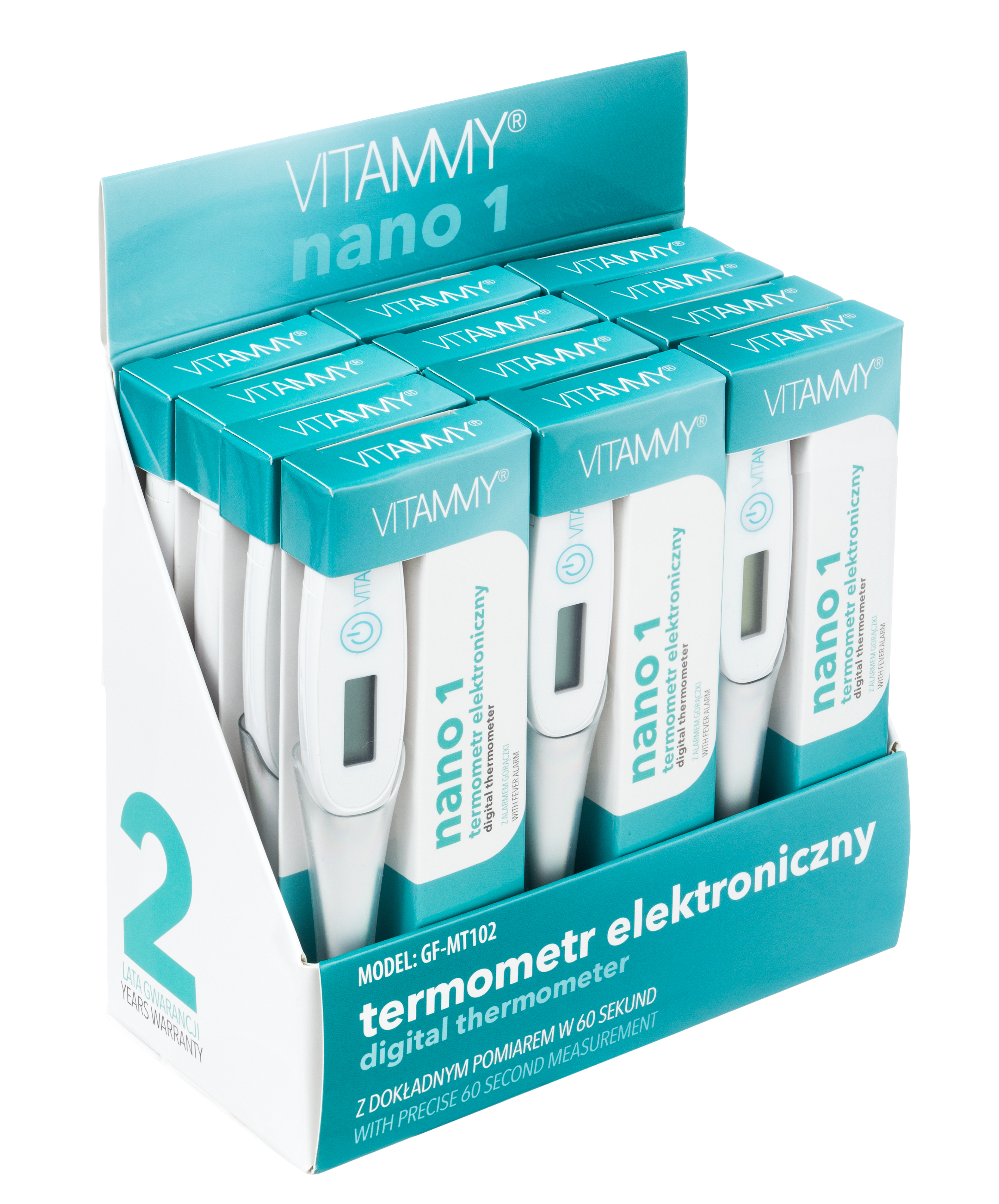 Pudełko ekspozycyjne zawierające wiele białych termometrów cyfrowych Vitammy Nano 1.