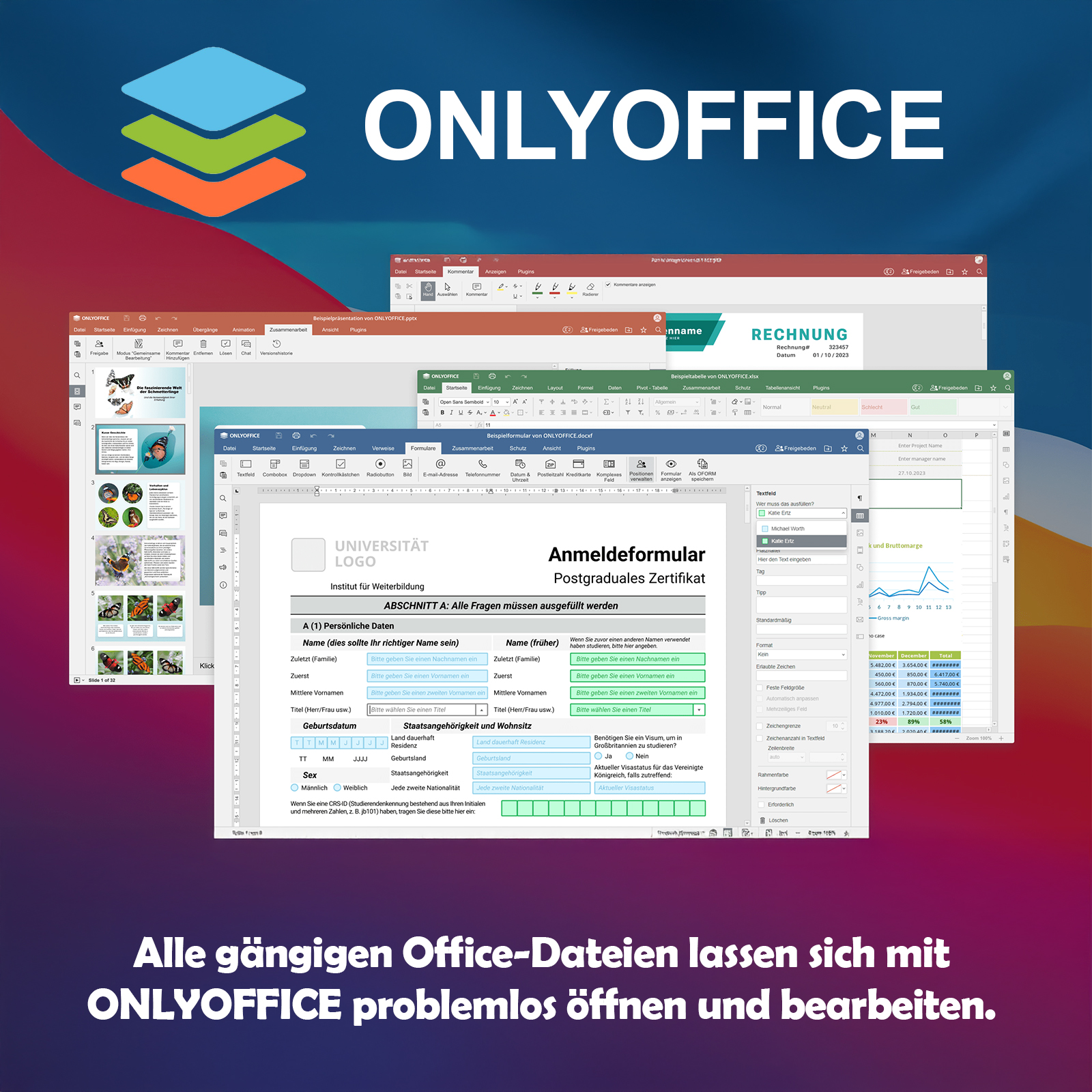 ONLYOFFICE zeigt verschiedene Office-Dokumente wie Text, Tabellen und Präsentationen.