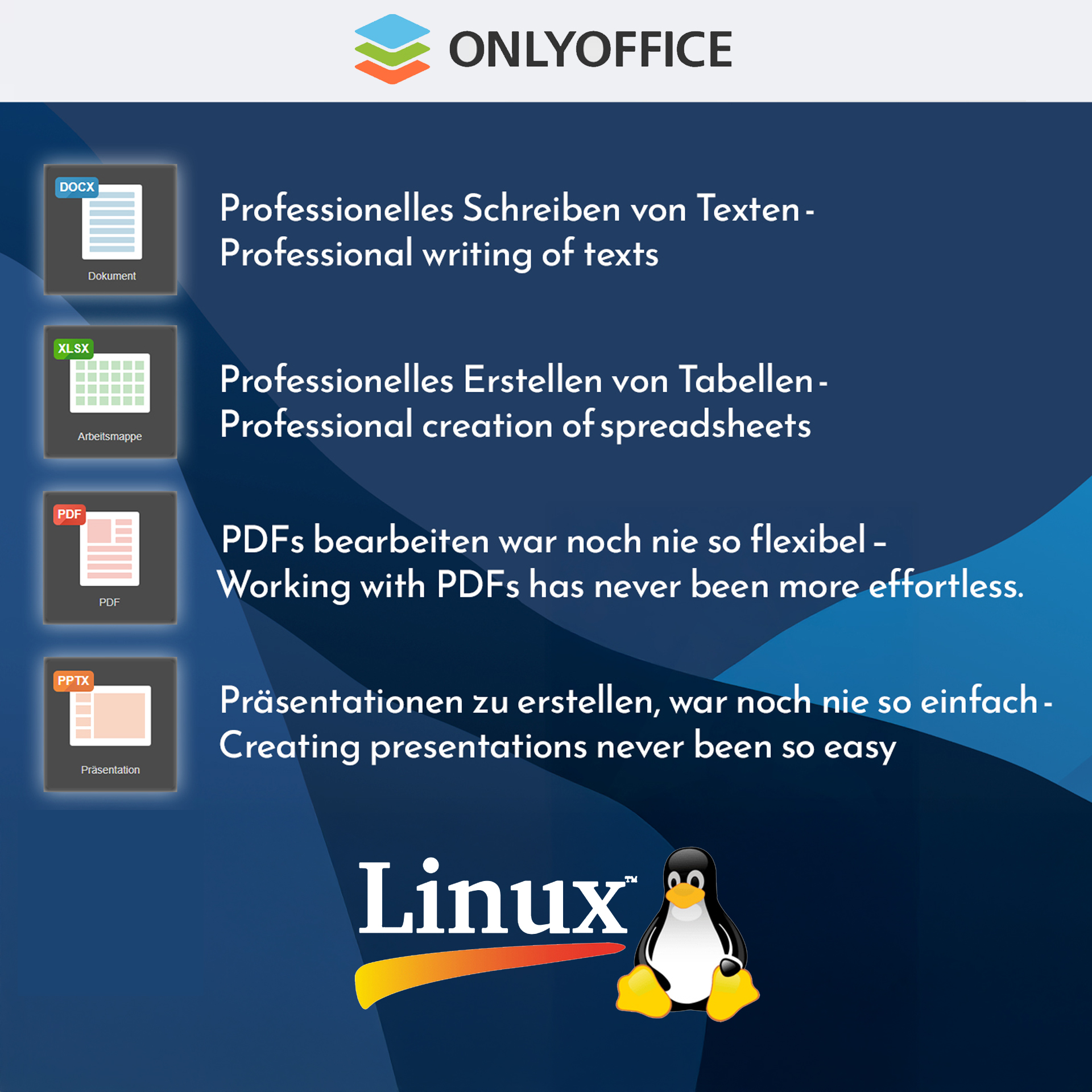 OnlyOffice-Werbung für Linux zeigt Funktionen für Dokumente, Tabellen, PDFs und Präsentationen.