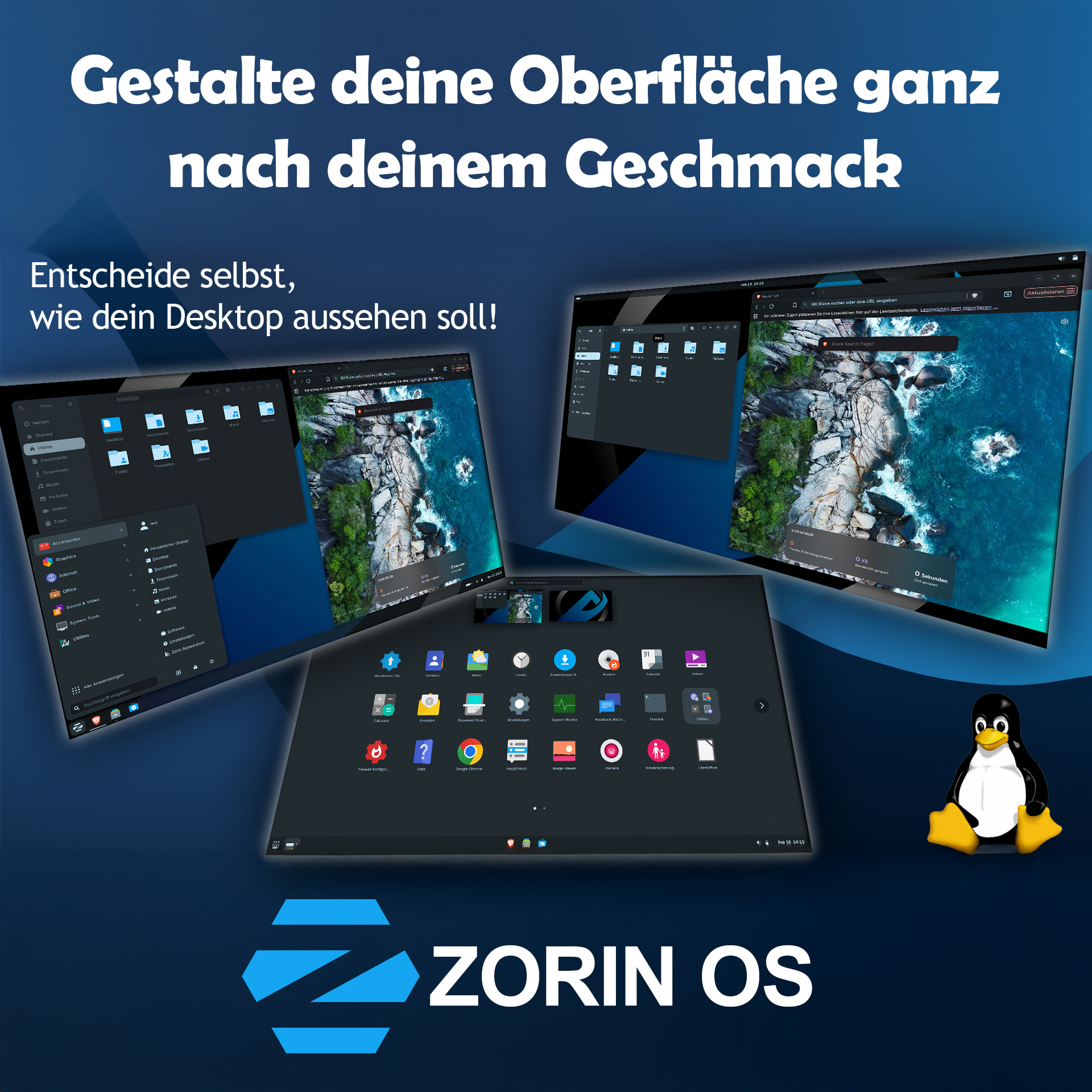 Zorin OS Desktop-Beispiele mit dem Tux-Maskottchen und Werbetexten in Blau.