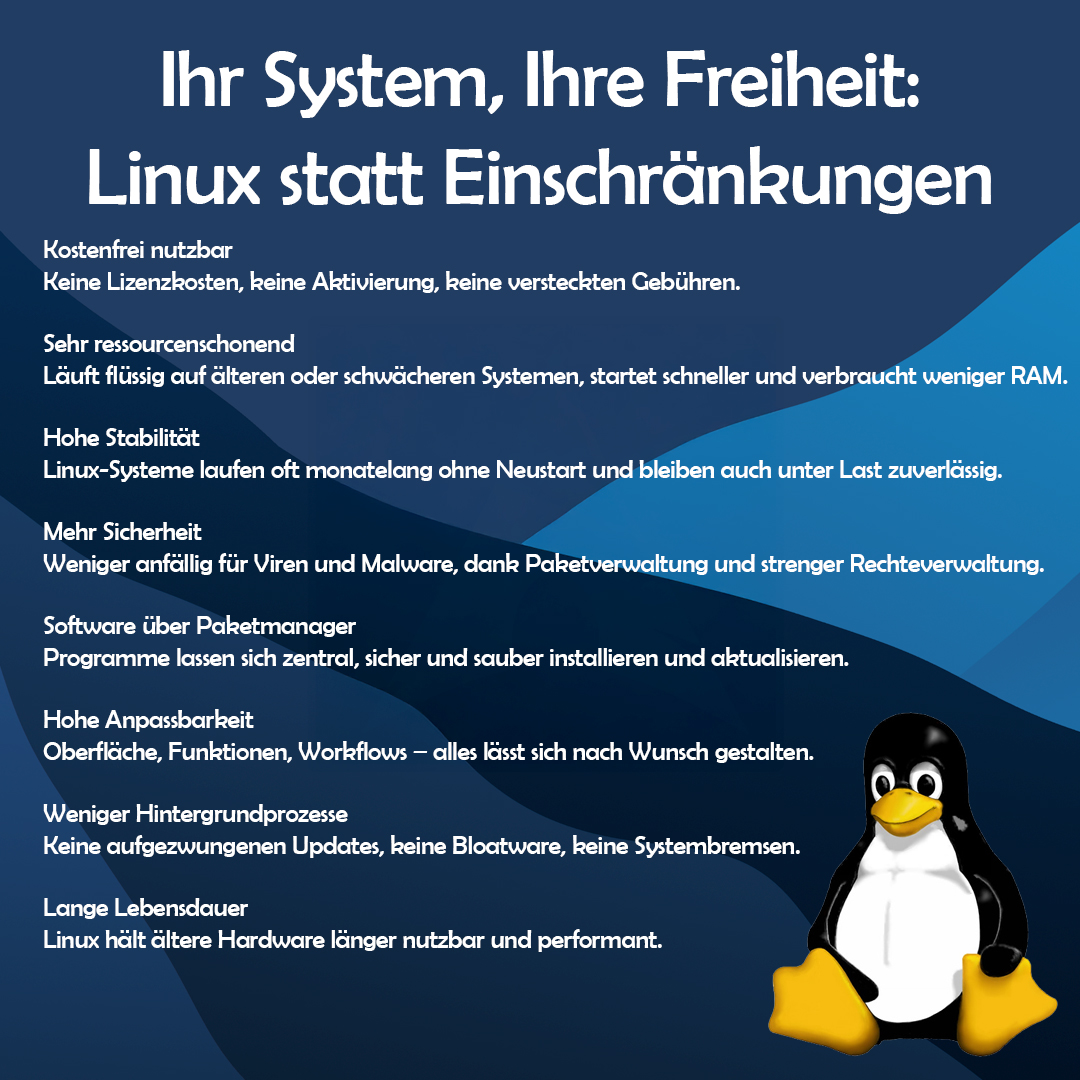 Blaue Infografik über Linux-Vorteile mit Textpunkten und dem Tux-Pinguin unten rechts.