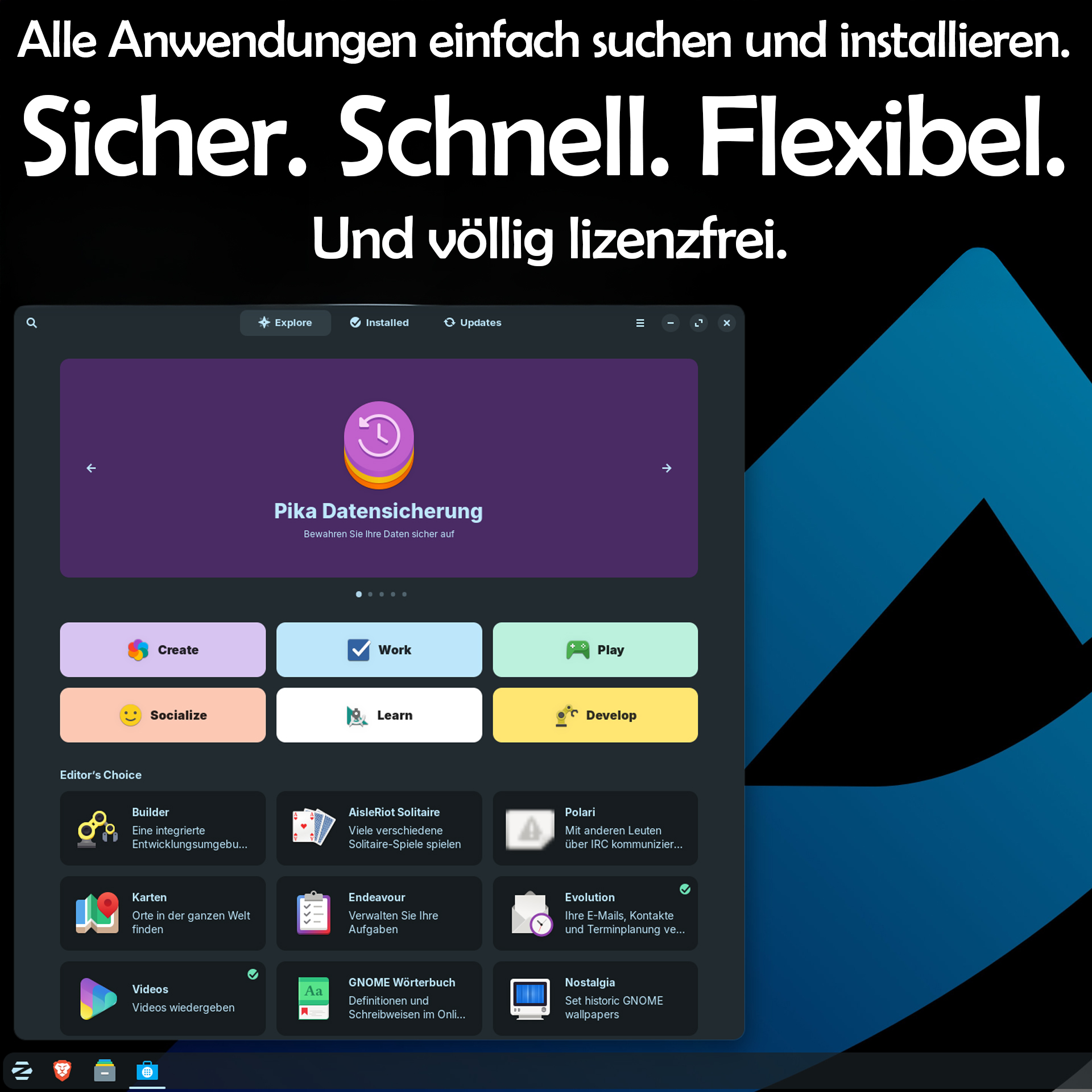 Screenshot der Software-Zentrale mit bunten Kategorien und einer Auswahl an Apps auf dunklem Hintergrund.