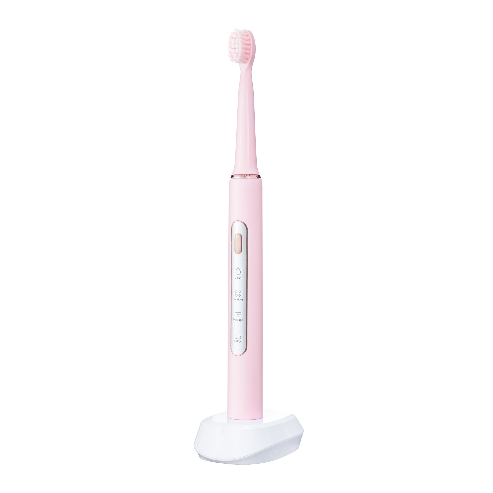 Uno spazzolino elettrico rosa su una base di carica bianca con sfondo bianco.