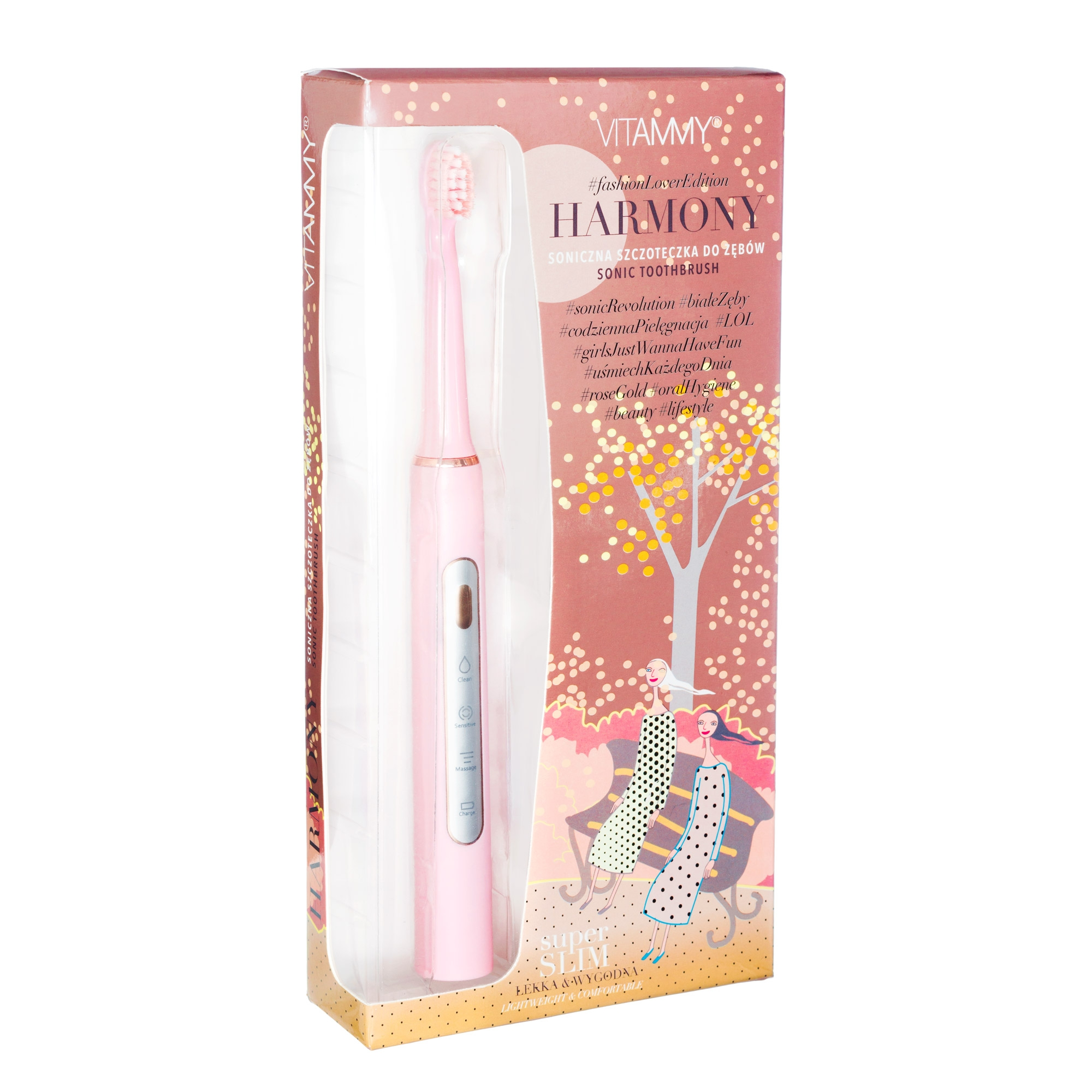 Spazzolino sonico Vitammy Harmony rosa nella sua confezione con design illustrato.