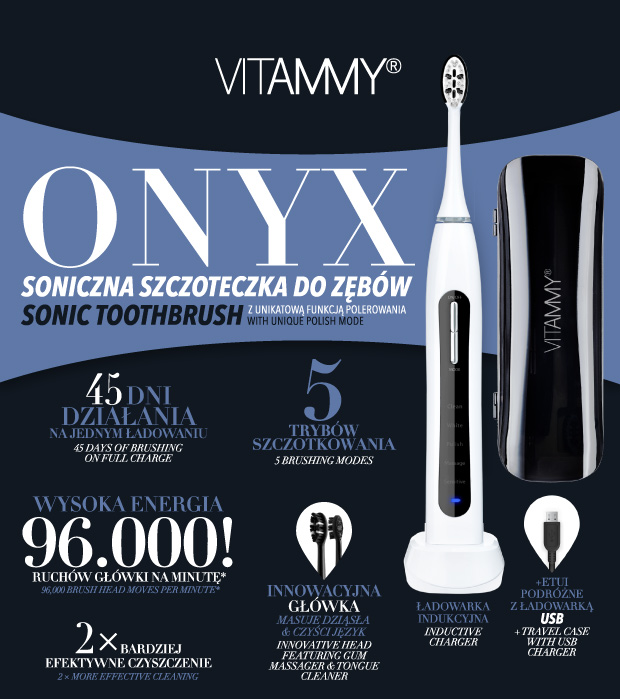 Biała szczoteczka soniczna Vitammy Onyx z ładowarką indukcyjną i czarnym etui podróżnym, prezentująca funkcje.