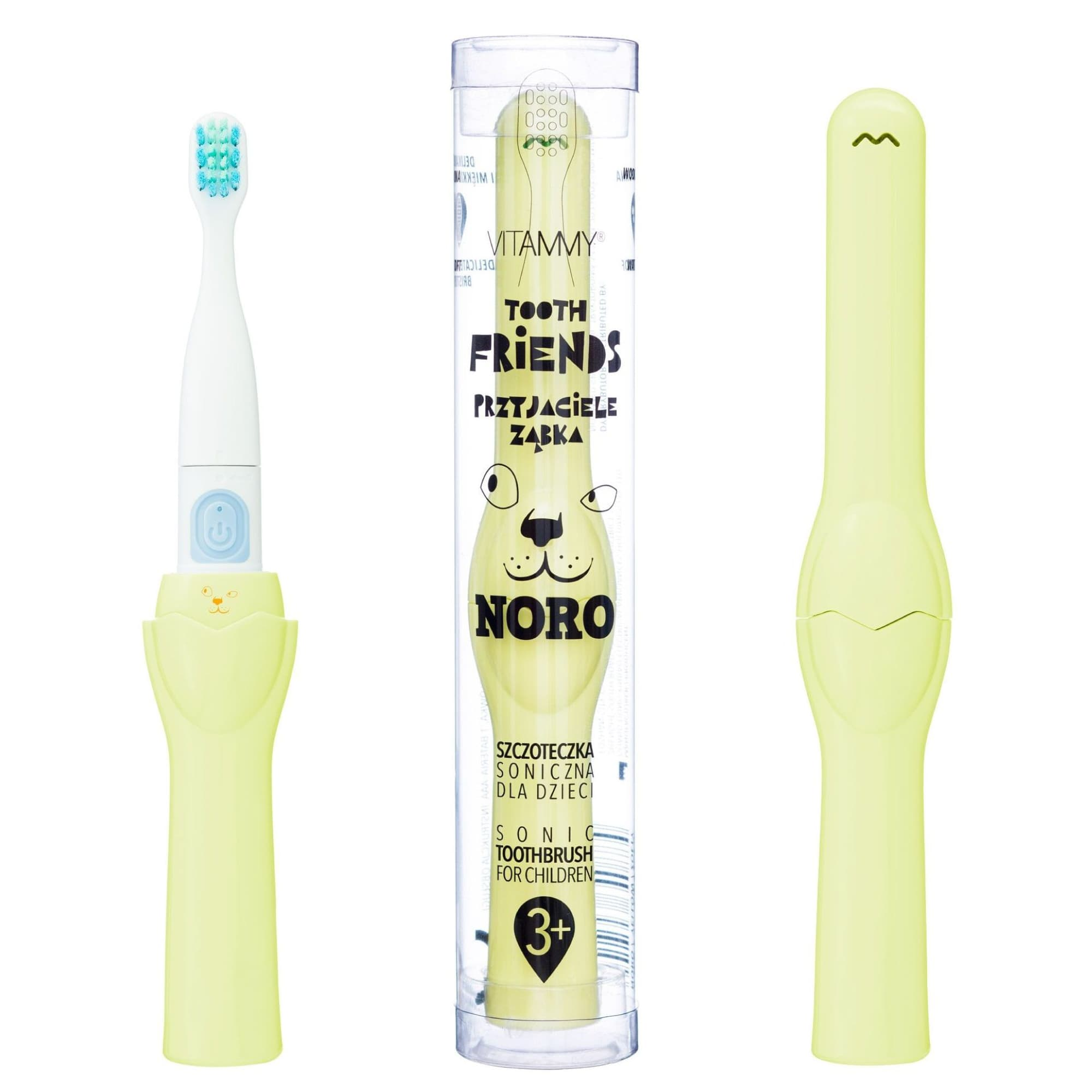 Spazzolino elettrico per bambini verde con custodia a tema animale e confezione su sfondo bianco.