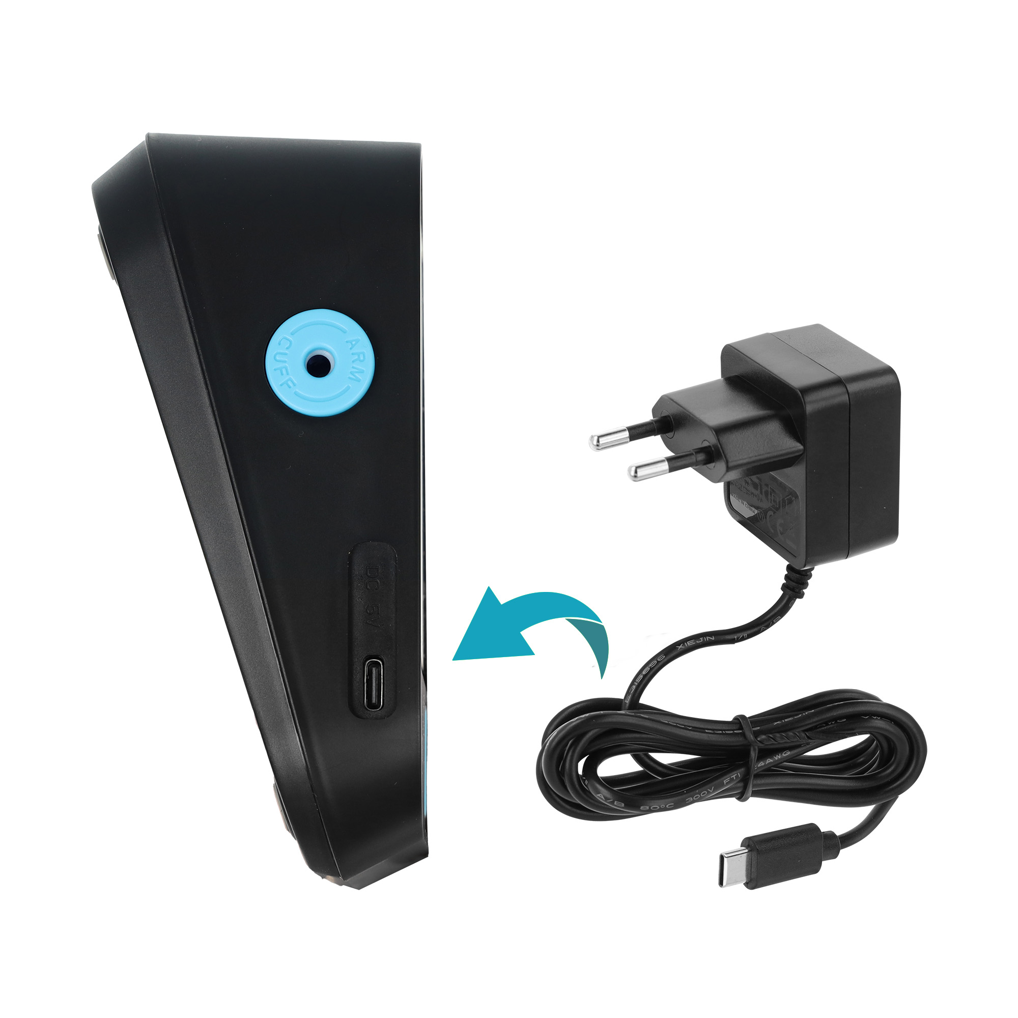 Czarne urządzenie medyczne z niebieskim portem łączy się z kablem ładującym USB Type-C.