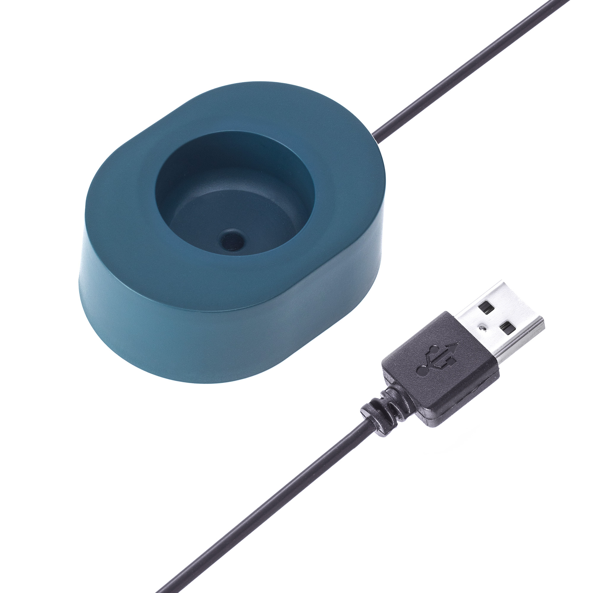 Niebieska okrągła stacja ładująca z czarnym kablem USB na białym tle.