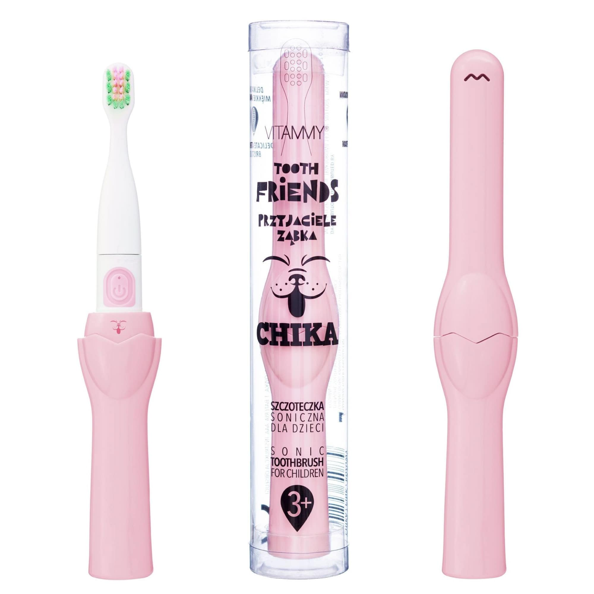 Spazzolino sonico rosa per bambini con custodia, aperto e chiuso su sfondo bianco.