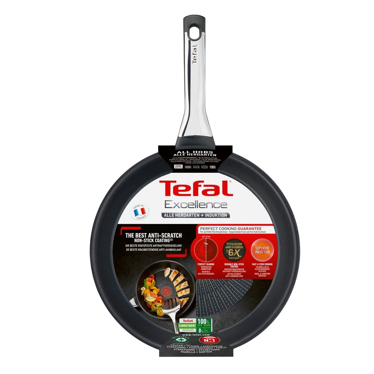 Sartén Tefal Excellence con revestimiento antiadherente y etiqueta sobre fondo negro.
