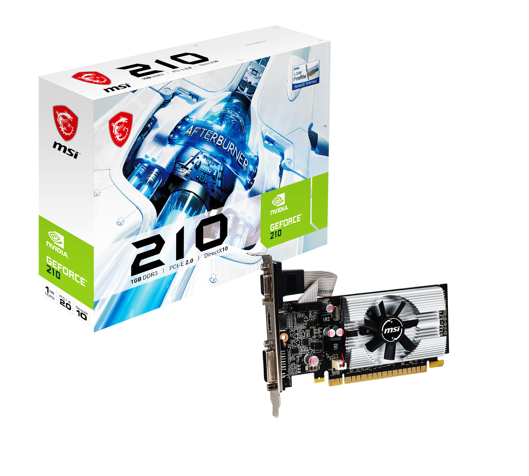 Siyah arka planda ürün kutusunun önünde beyaz soğutuculu ve fanlı bir MSI GeForce 210 grafik kartı.