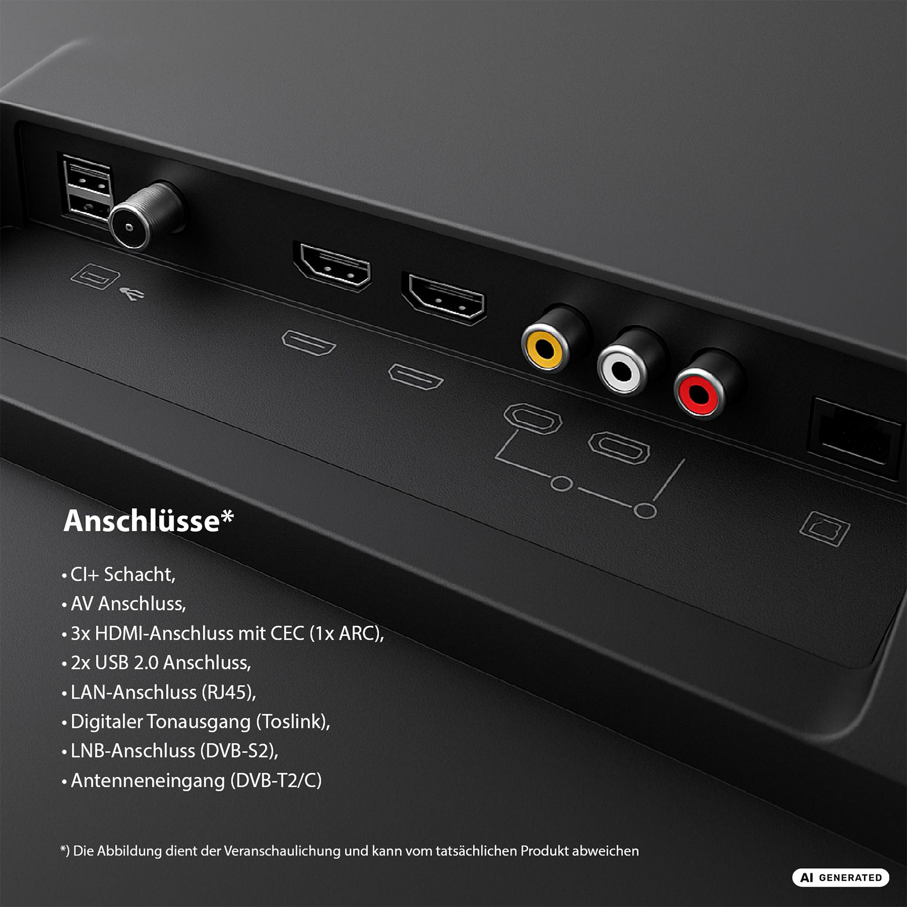 Nahaufnahme der TV-Rückseite mit HDMI-, USB-, Audio- und Antennenanschlüssen.