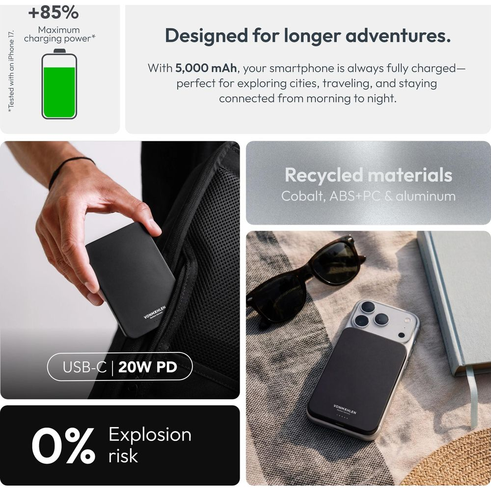 Eigenschaften einer 5.000 mAh Powerbank, recycelte Materialien und Nutzung mit einem Smartphone.