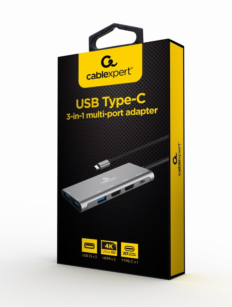 Schwarze und gelbe Verpackung für einen Cablexpert USB Type-C 3-in-1 Multi-Port-Adapter mit silbernem Gerät.