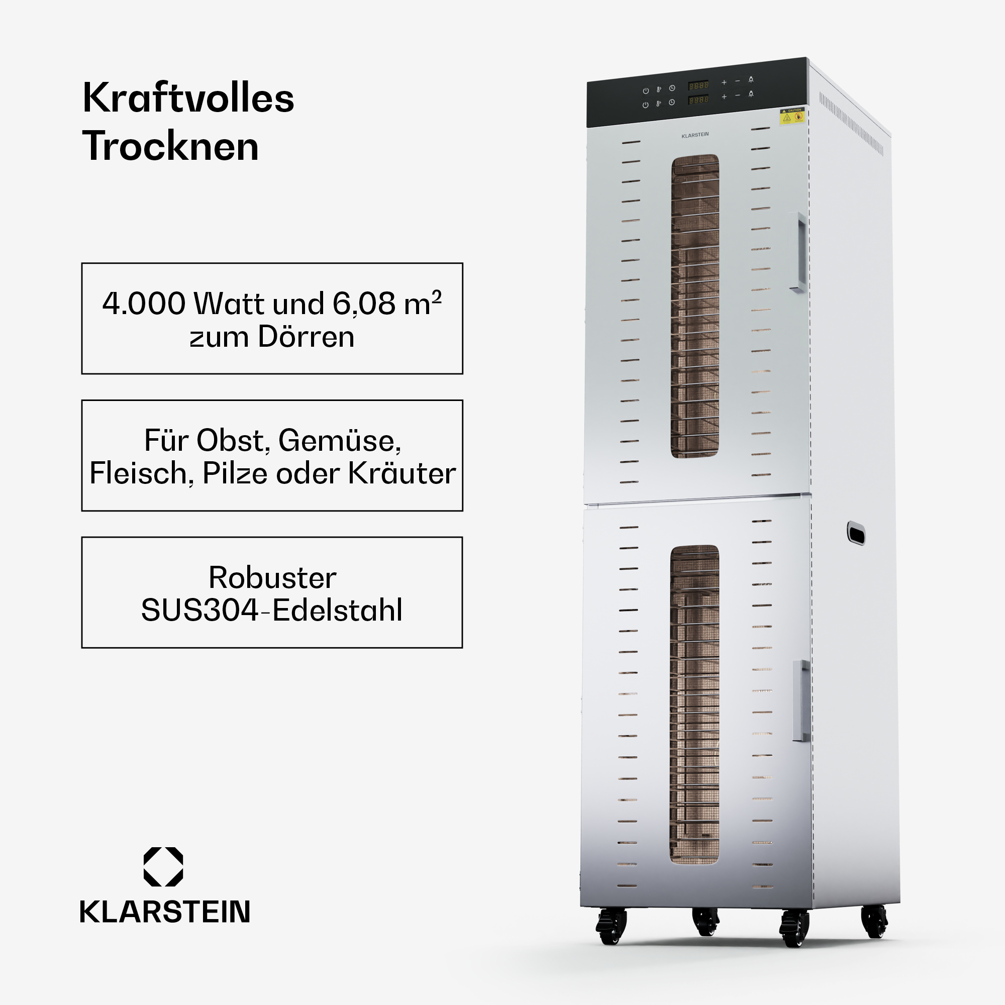 Großer silberner Edelstahl-Dehydrator mit zwei Türen, Digitaldisplay und mehreren Textboxen mit deutschen Produktinfos.
