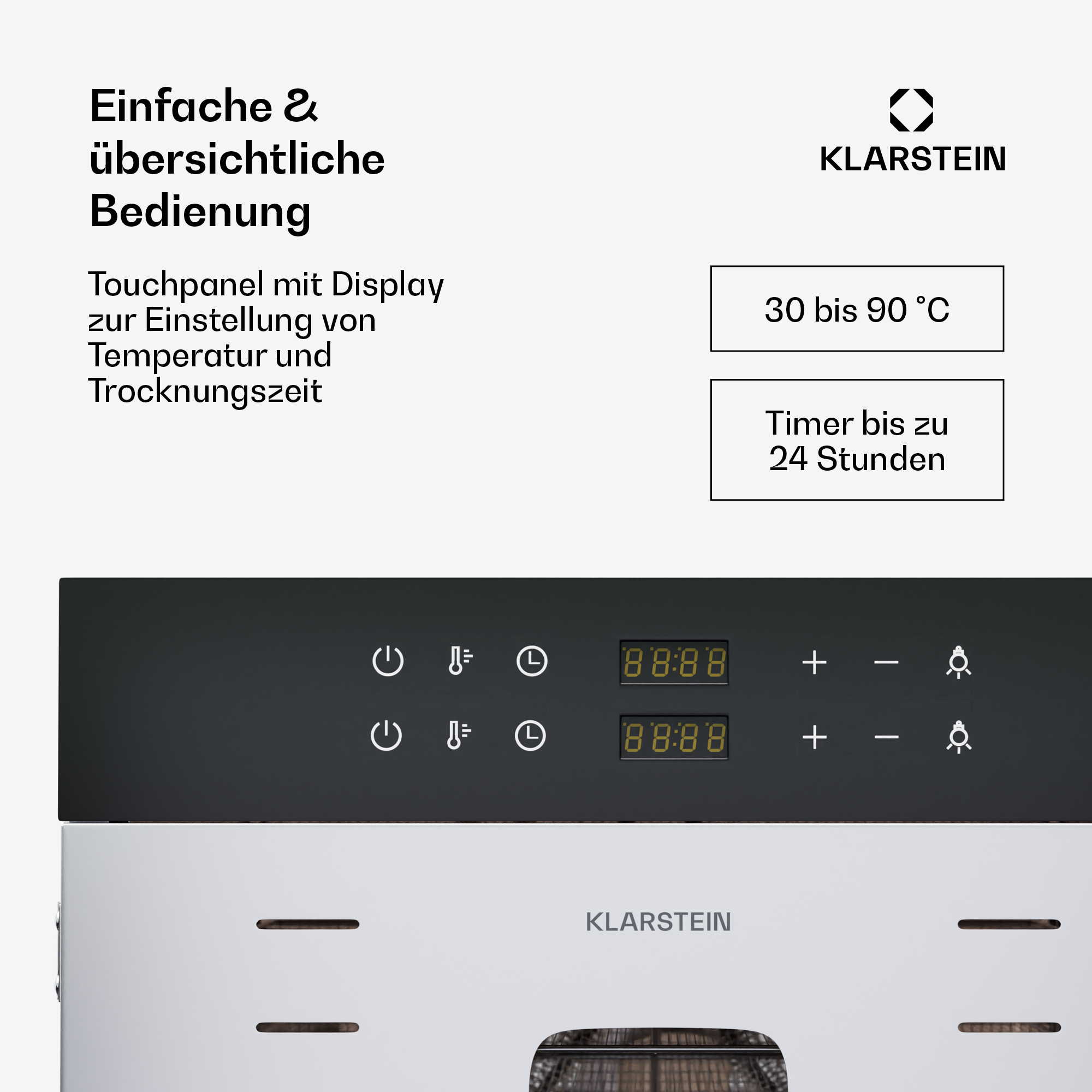 Bedienfeld eines Klarstein Geräts mit Touch-Display für Temperatur (30-90°C) und Timer (bis 24 Stunden).